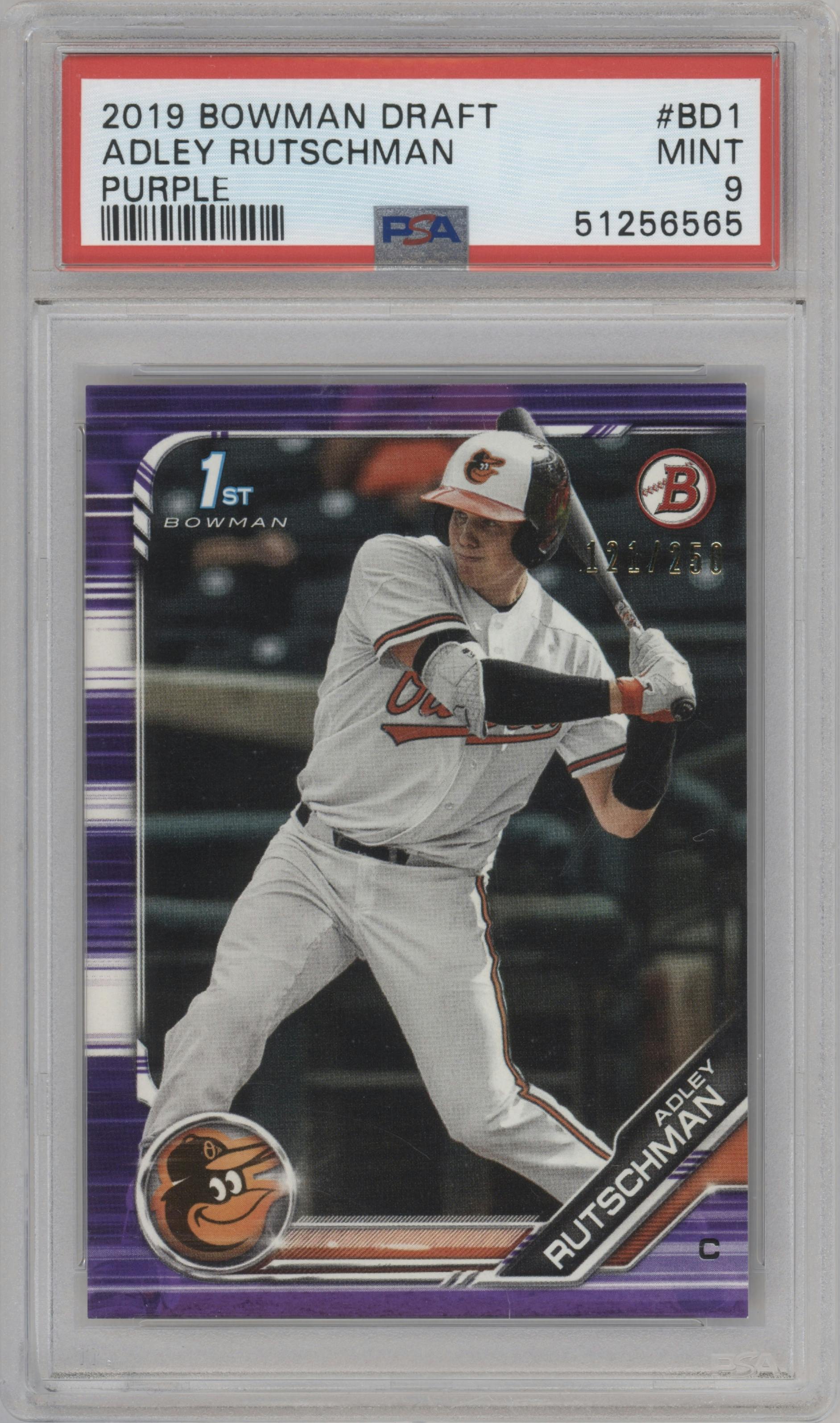 Adley Rutschman from the 2019 Bowman Draft set featuring a Purple parallel graded by PSA and given an overall grade of 9.