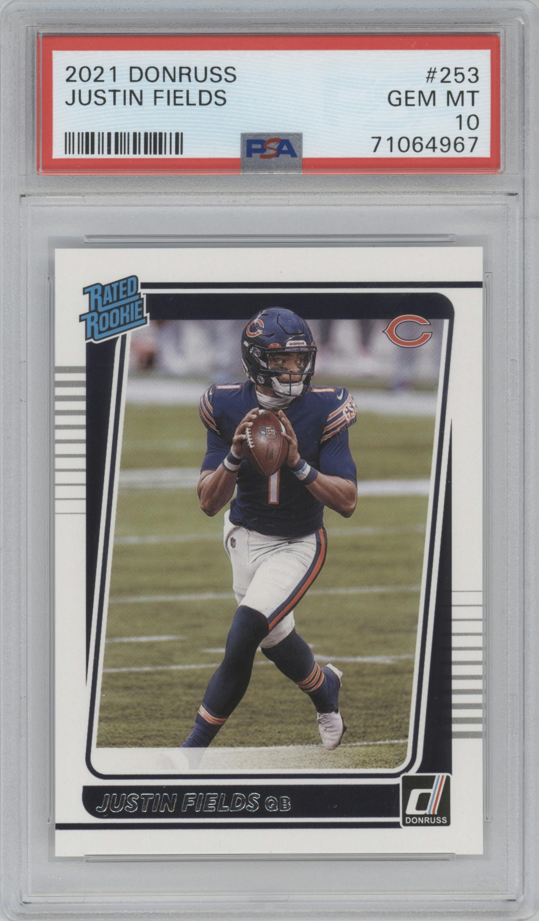 Justin Fields from the 2021 Panini Donruss set graded by PSA and given an overall grade of 10.