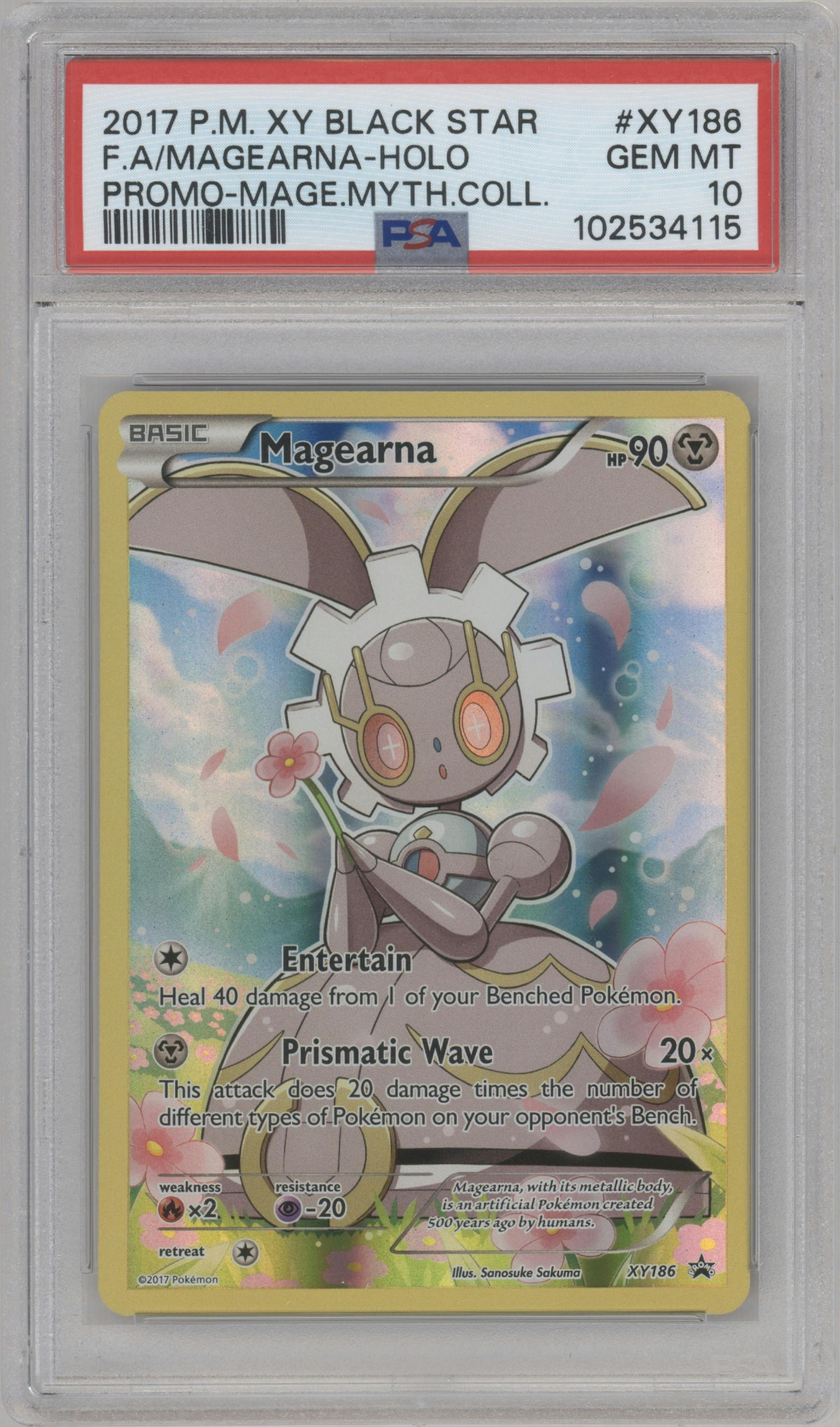 Magearna from the 2017 Pokemon XY set featuring a Magearna Mythical Collection parallel graded by PSA and given an overall grade of 10.