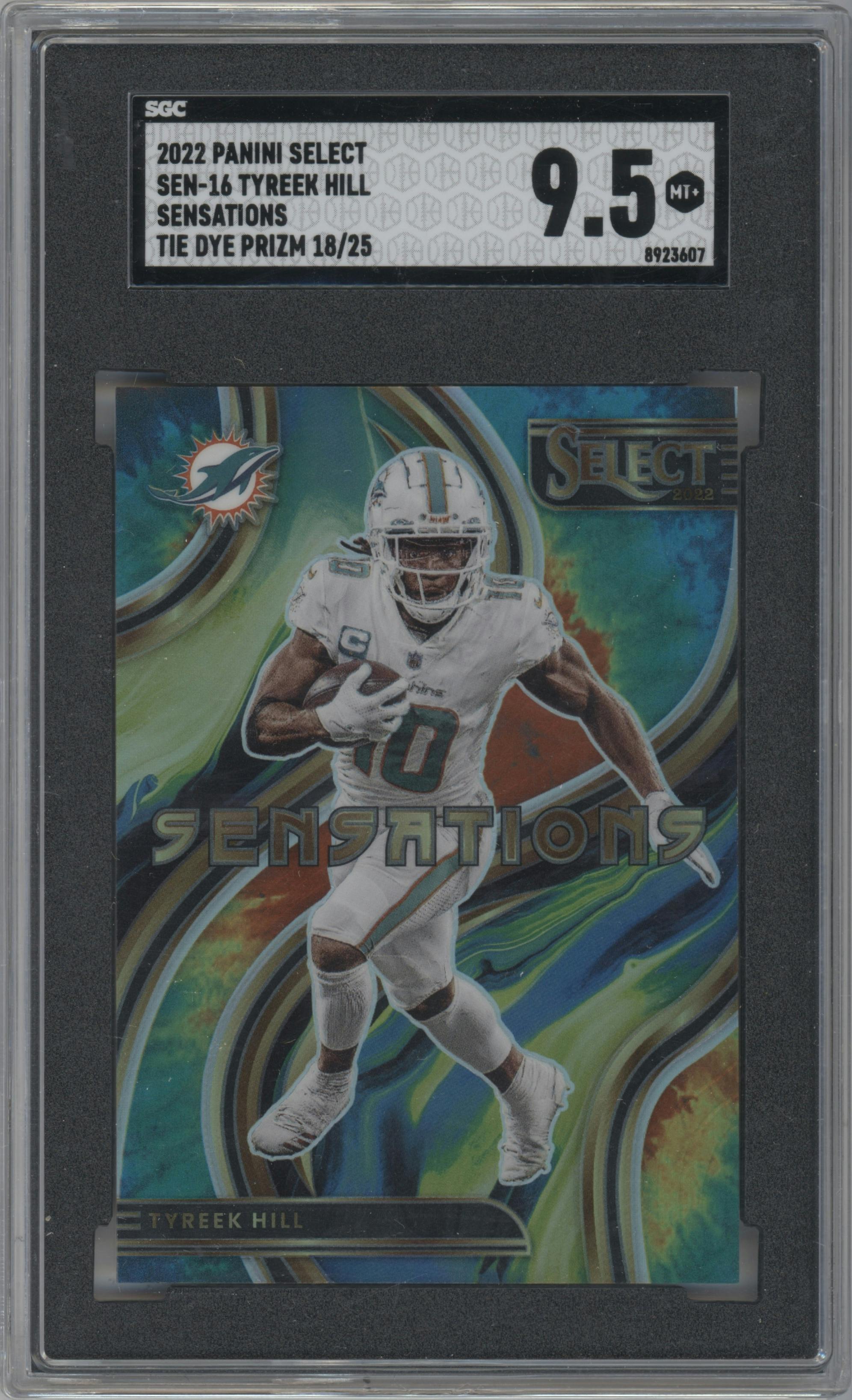 Tyreek Hill from the 2022 Panini Select set featuring a Tie-Dye parallel graded by SGC and given an overall grade of 9.5.