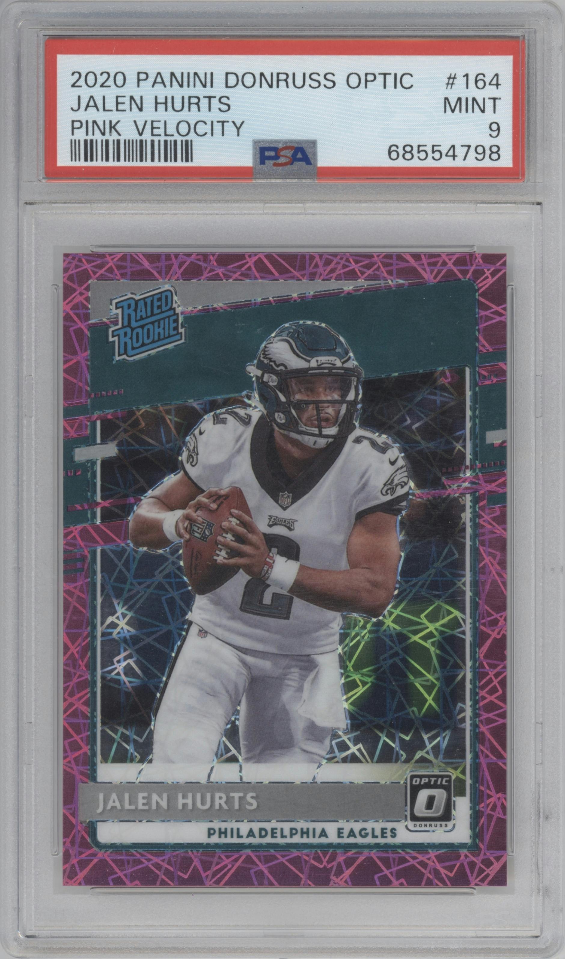 Jalen Hurts from the 2020 Panini Donruss Optic set featuring a Pink Velocity parallel graded by PSA and given an overall grade of 9.