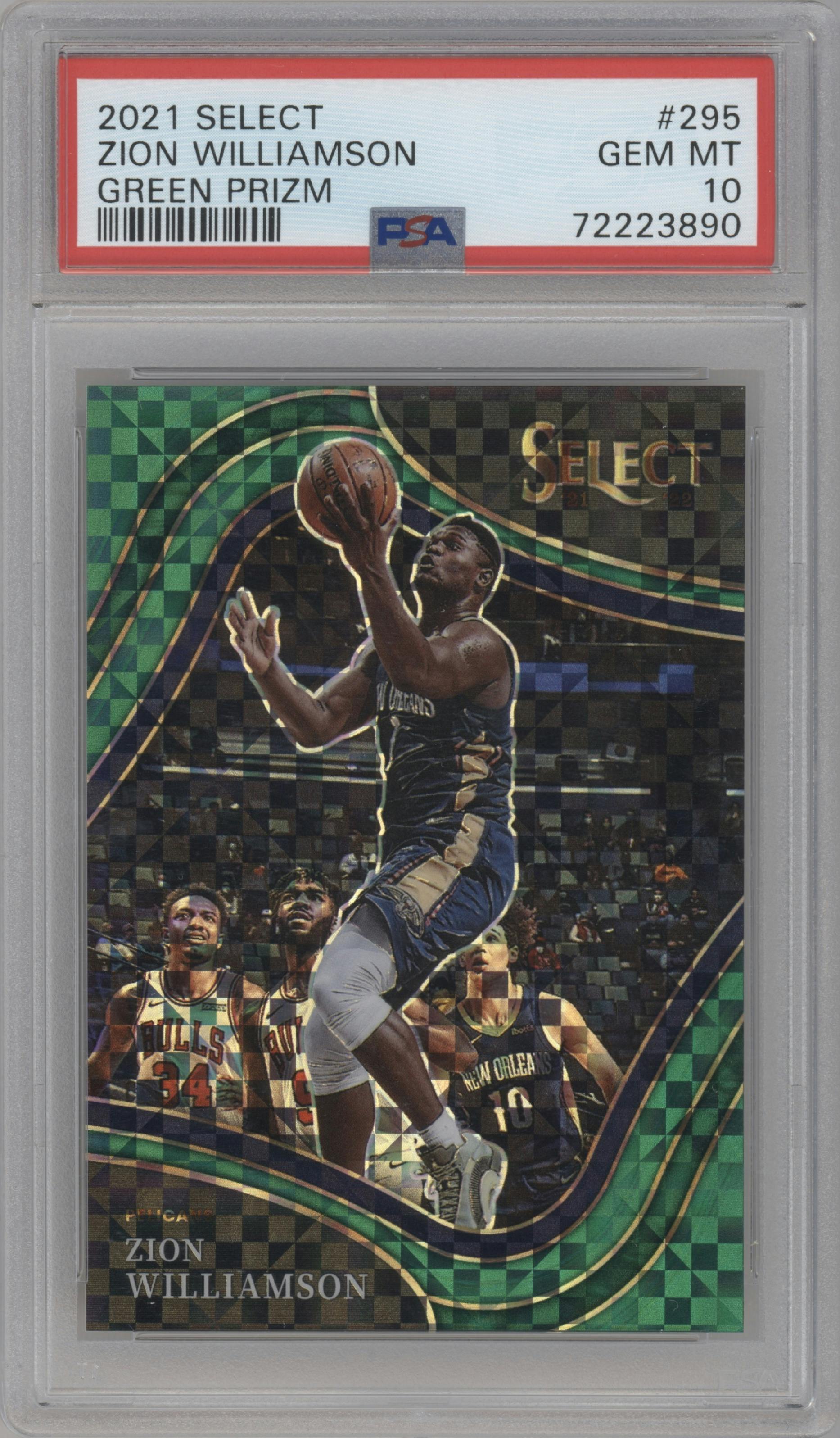 Zion Williamson from the 2021-22 Panini Select set featuring a Green Prizm parallel graded by PSA and given an overall grade of 10.