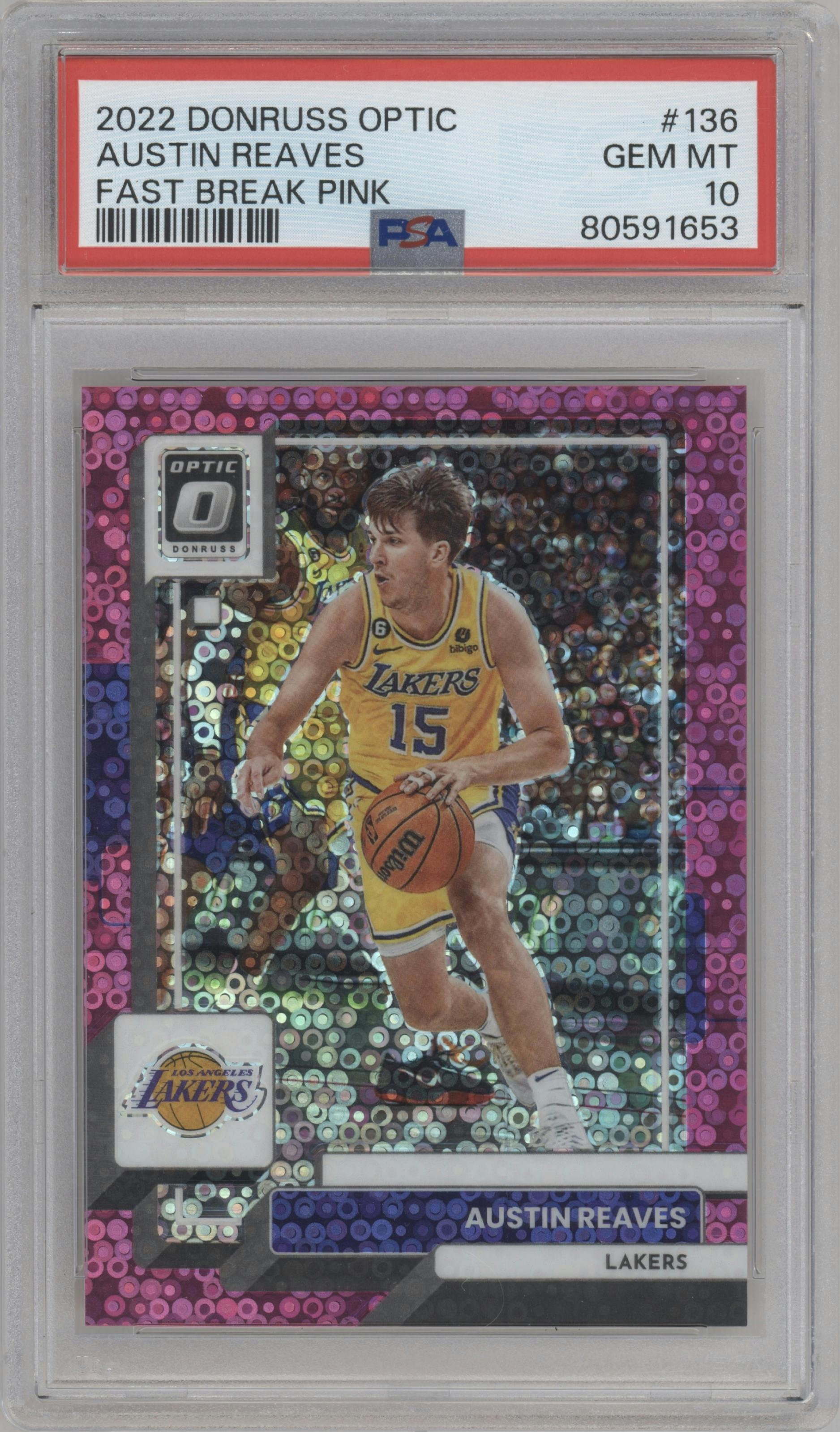 Austin Reaves from the 2022-23 Panini Donruss Optic  set featuring a Fast Break Pink parallel graded by PSA and given an overall grade of 10.