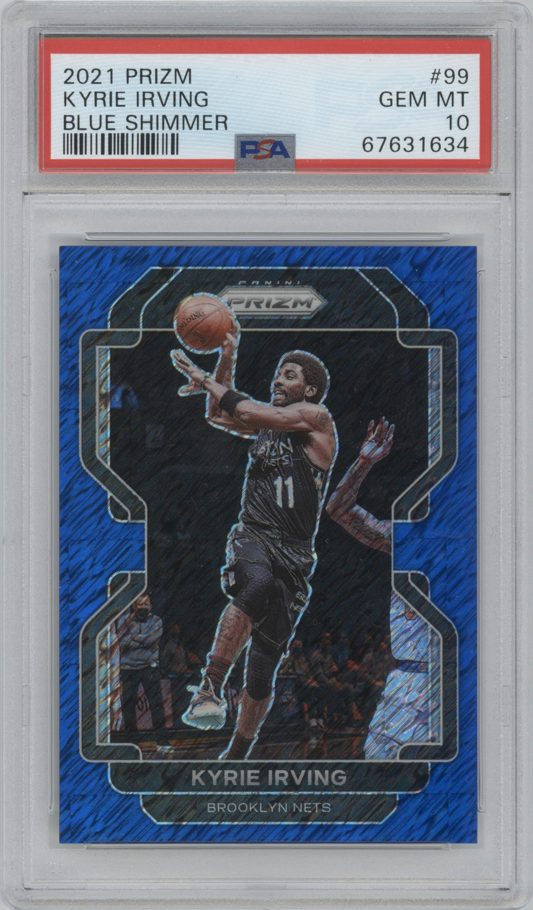 Kyrie Irving from the 2021-22 Panini Prizm  set featuring a Blue Shimmer parallel graded by PSA and given an overall grade of 10.