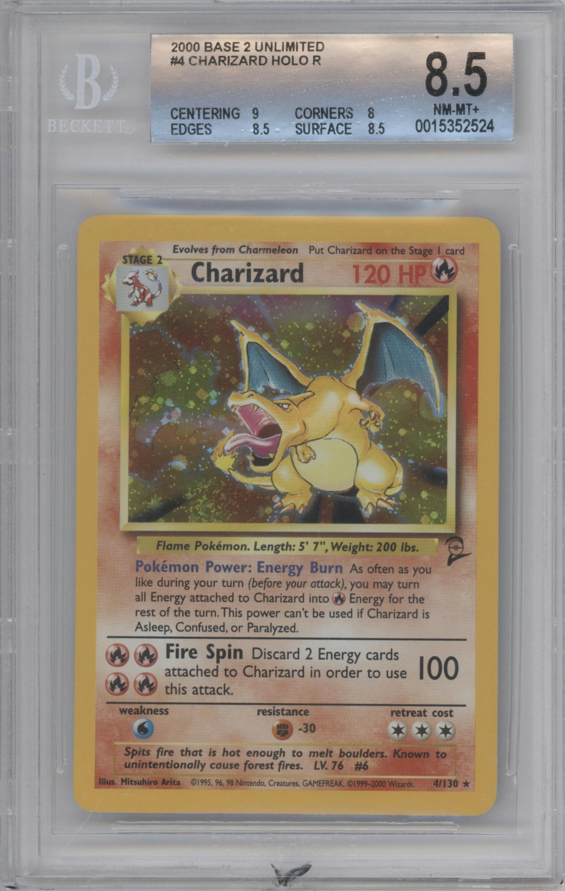 Charizard from the 2000 Pokemon set graded by Beckett and given an overall grade of 8.5.