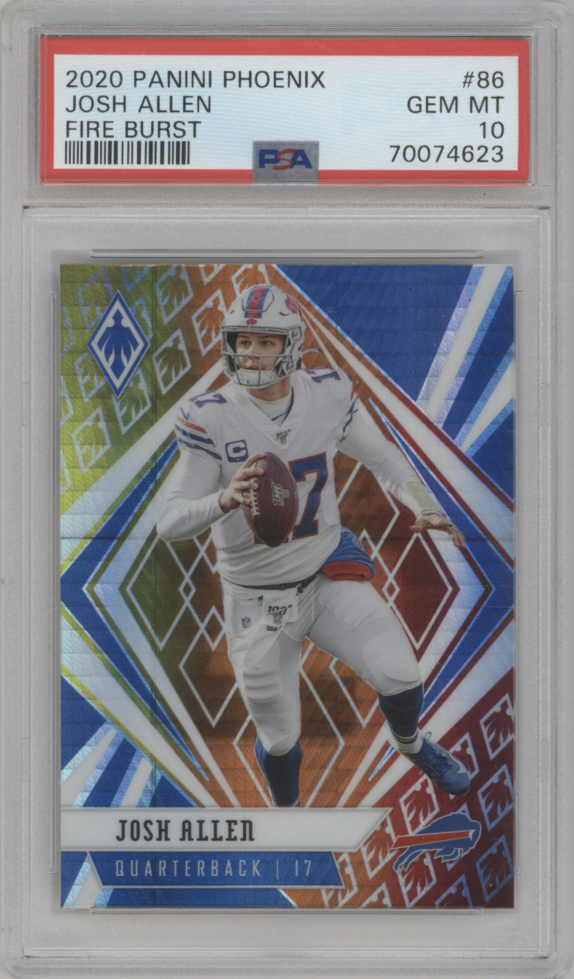 Josh Allen from the 2020 Panini Phoenix set featuring a Fire Burst parallel graded by PSA and given an overall grade of 10.