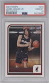Jaime Jaquez Jr. from the 2023-24 Panini NBA Hoops set featuring a Red Back parallel graded by PSA and given an overall grade of 10.
