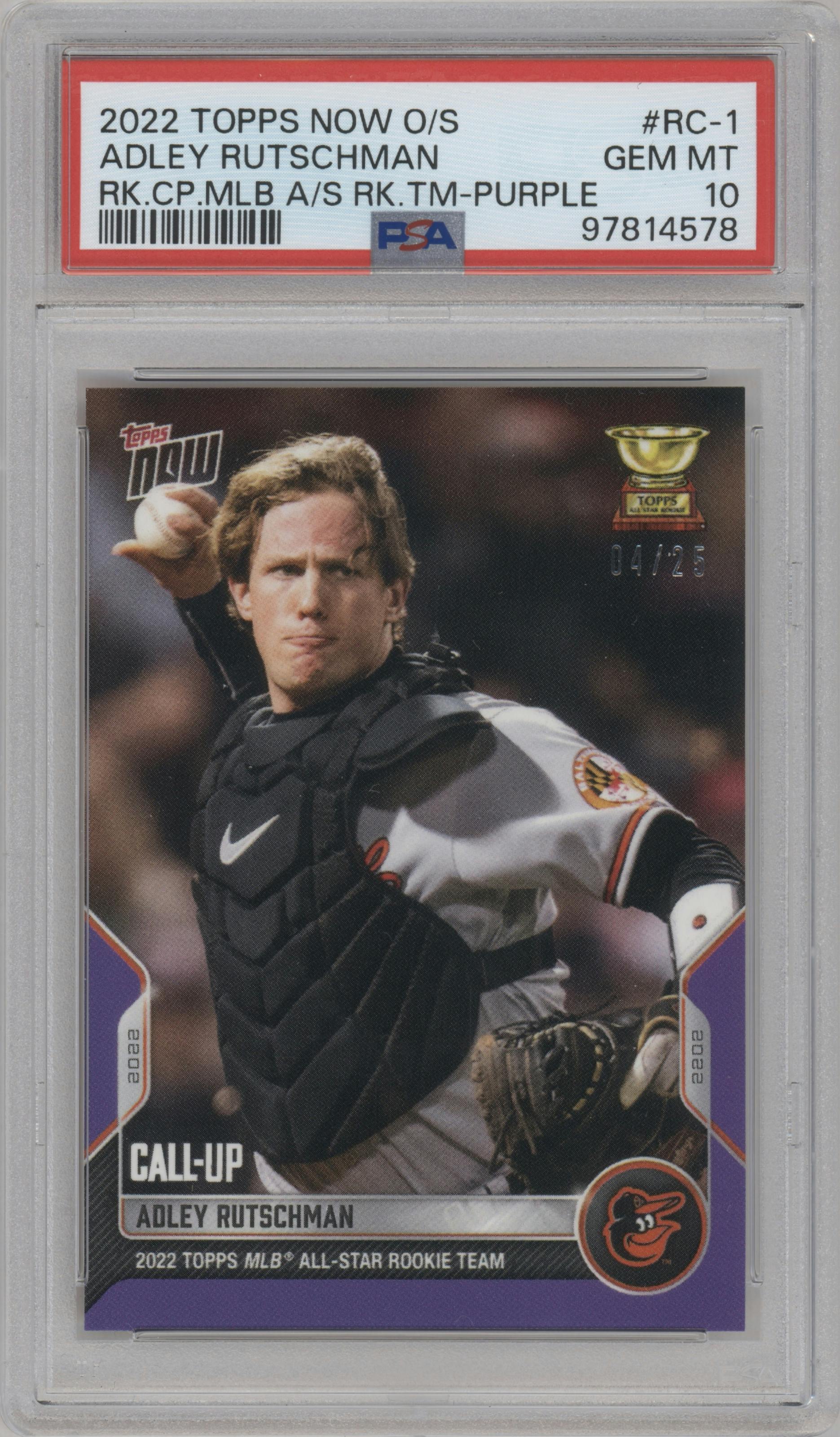 Adley Rutschman from the 2022 Topps Now Offseason set featuring a Purple parallel graded by PSA and given an overall grade of 10.
