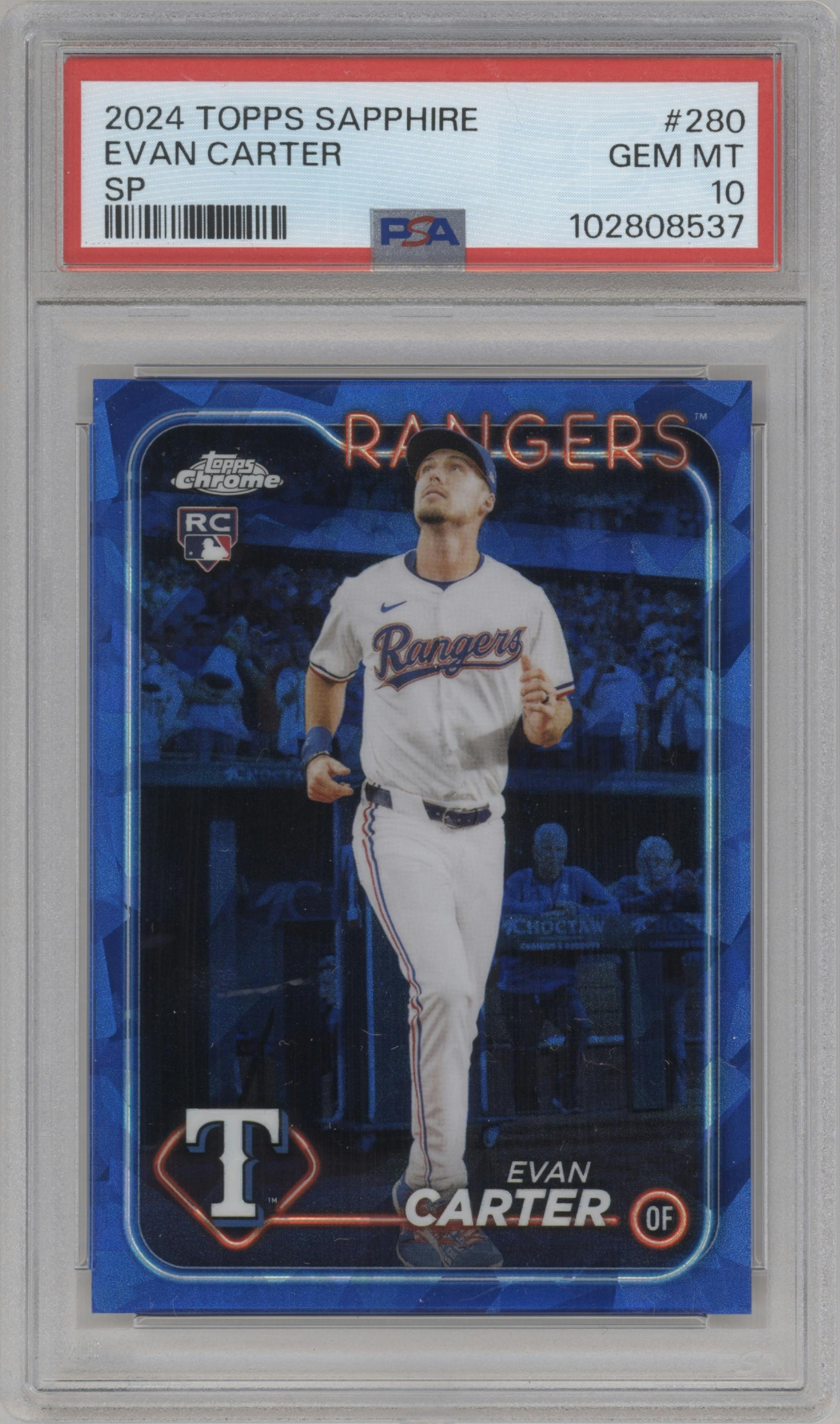 Evan Carter from the 2024 Topps Chrome Sapphire set graded by PSA and given an overall grade of 10.
