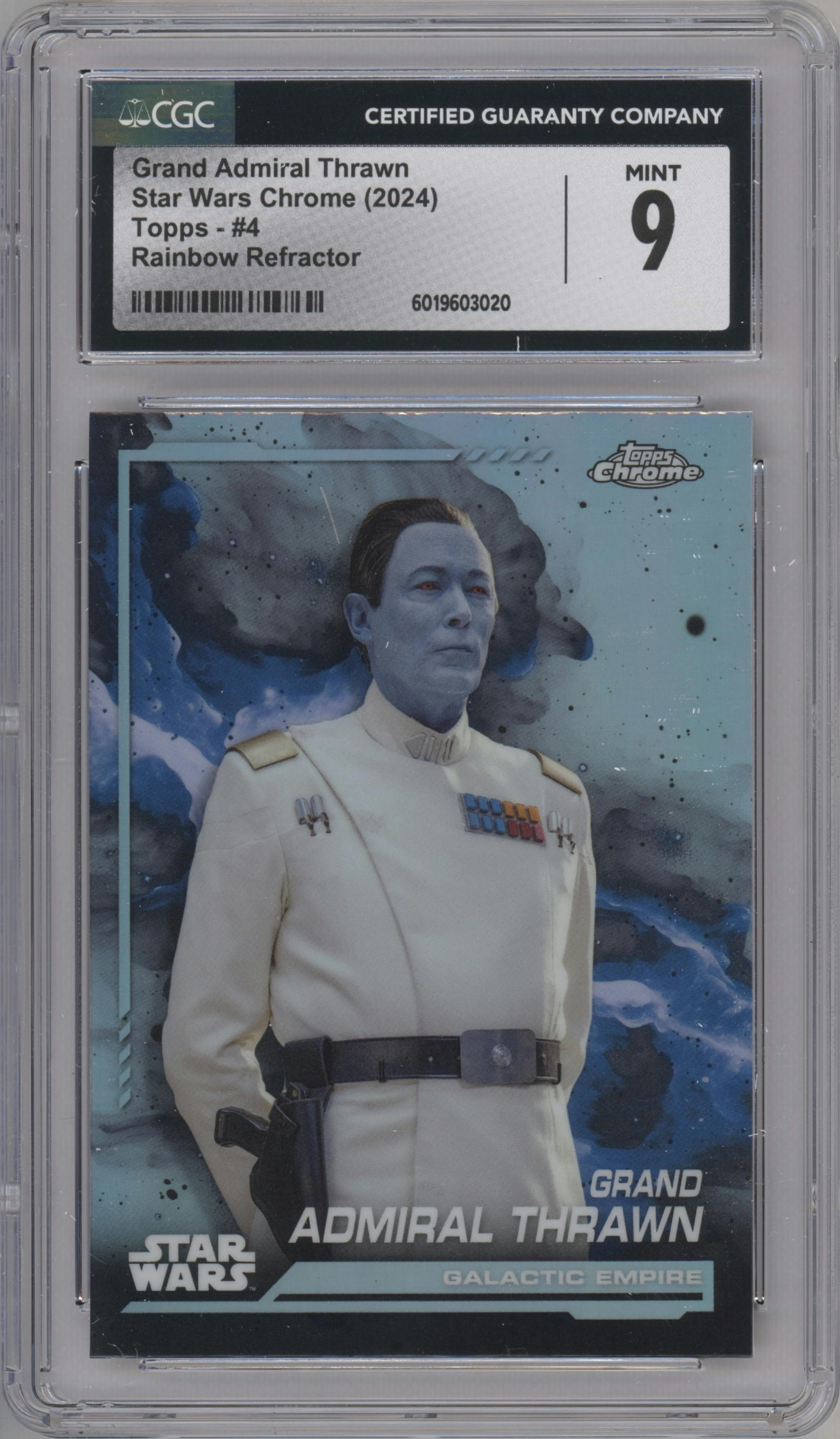 Grand Admiral Thrawn from the 2024 Topps Chrome Star Wars set featuring a Rainbow Refractor parallel graded by CSG and given an overall grade of 9.