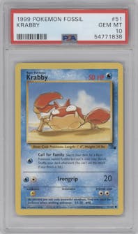 Krabby from the 1999 Pokemon set graded by PSA and given an overall grade of 10.