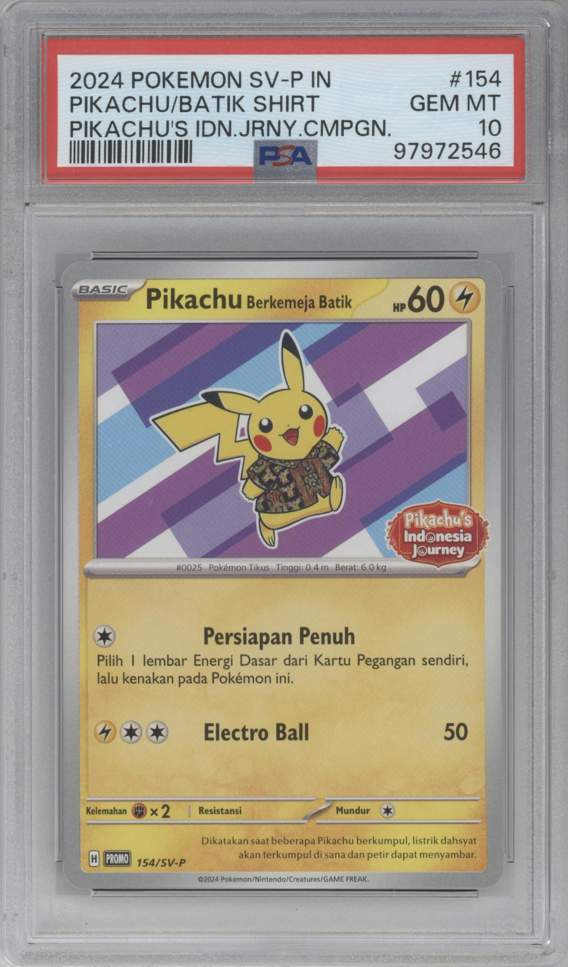 Pikachu Batik Shirt from the 2024 Pokemon SV IDN set featuring a Pikachu's Indonesia Journey parallel graded by PSA and given an overall grade of 10.