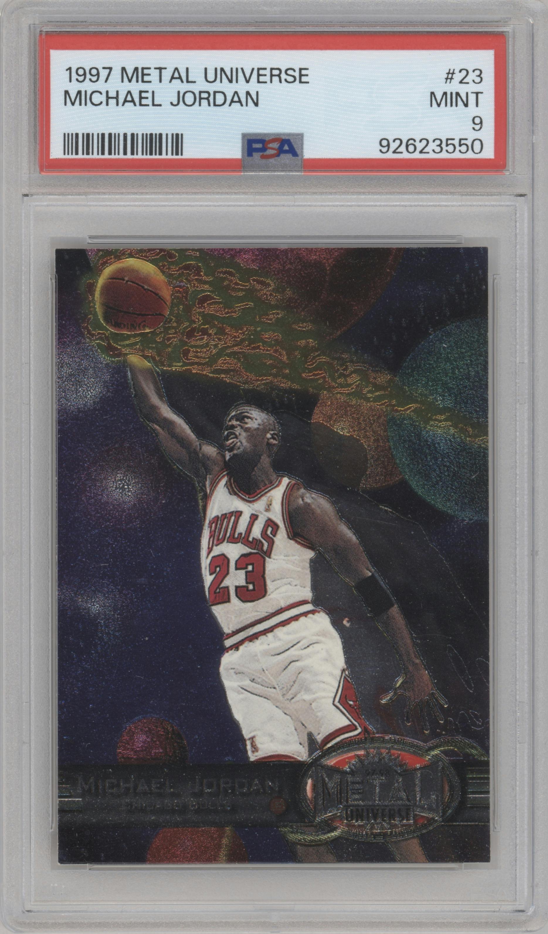 Michael Jordan from the 1997-98 Metal Universe set graded by PSA and given an overall grade of 9.