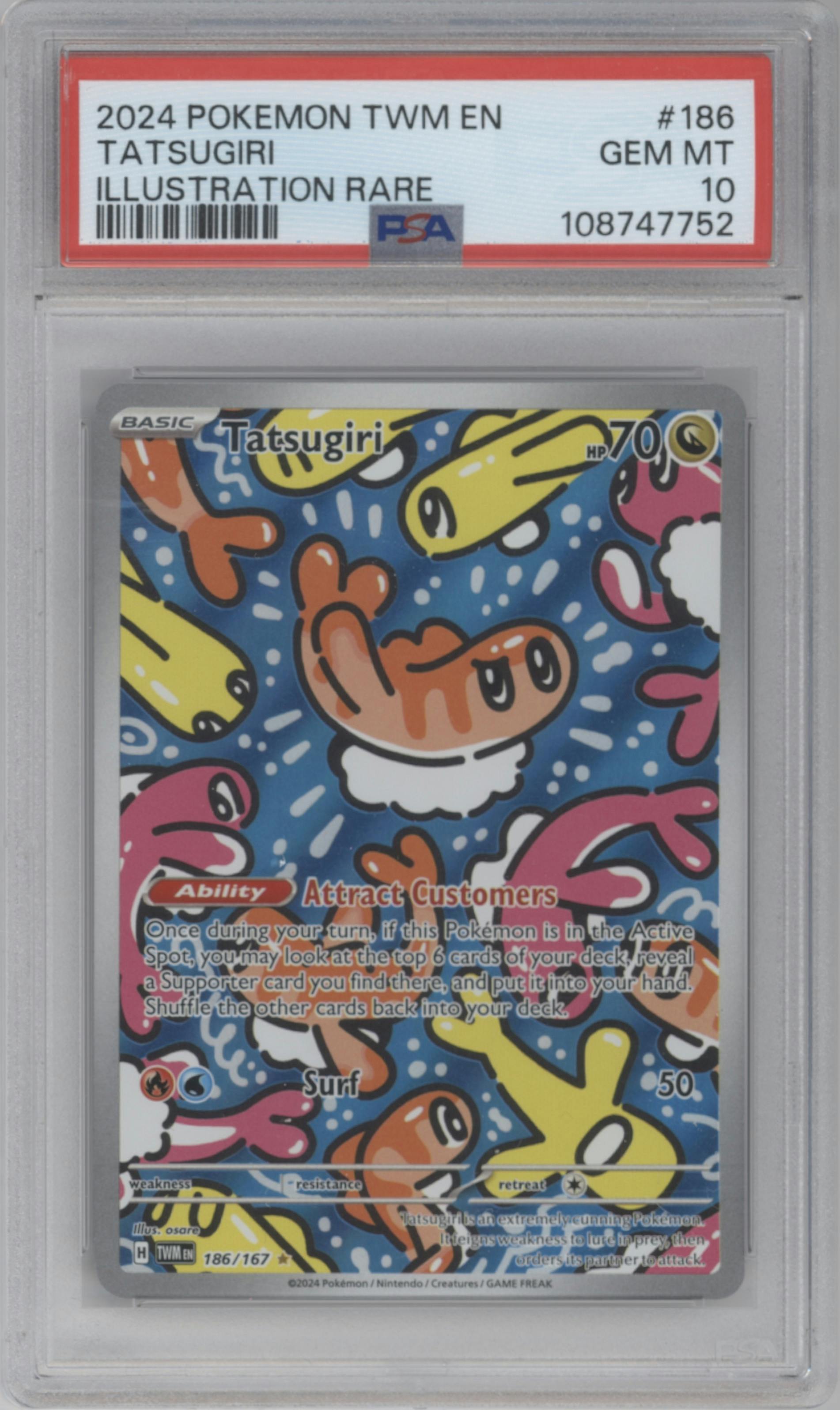 Tatsugiri from the 2024 Pokemon SV set graded by PSA and given an overall grade of 10.