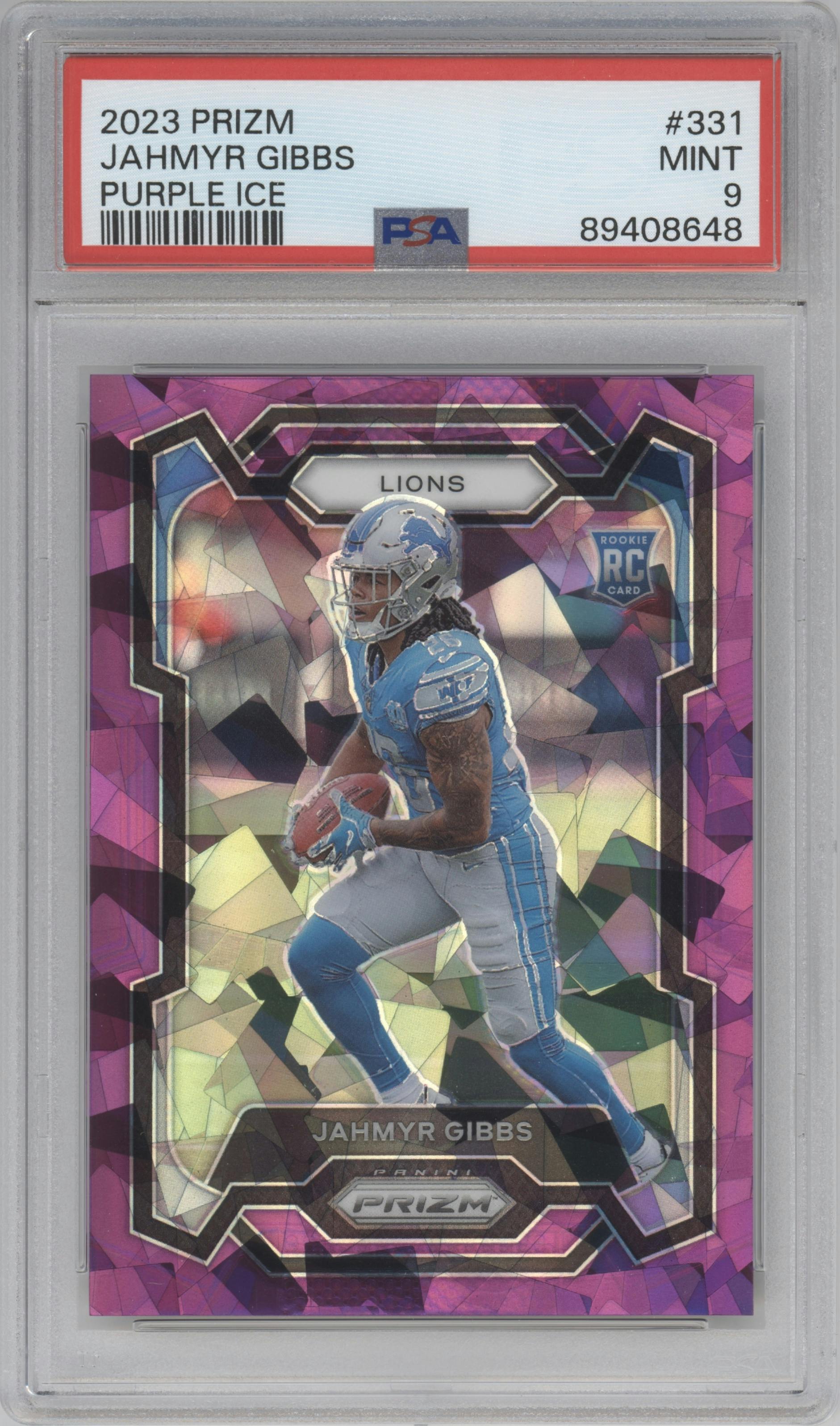 Jahmyr Gibbs from the 2023 Panini Prizm set featuring a  Purple Ice parallel graded by PSA and given an overall grade of 9.