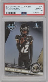 Travis Hunter  from the 2023 Bowman Chrome University set graded by PSA and given an overall grade of 10.