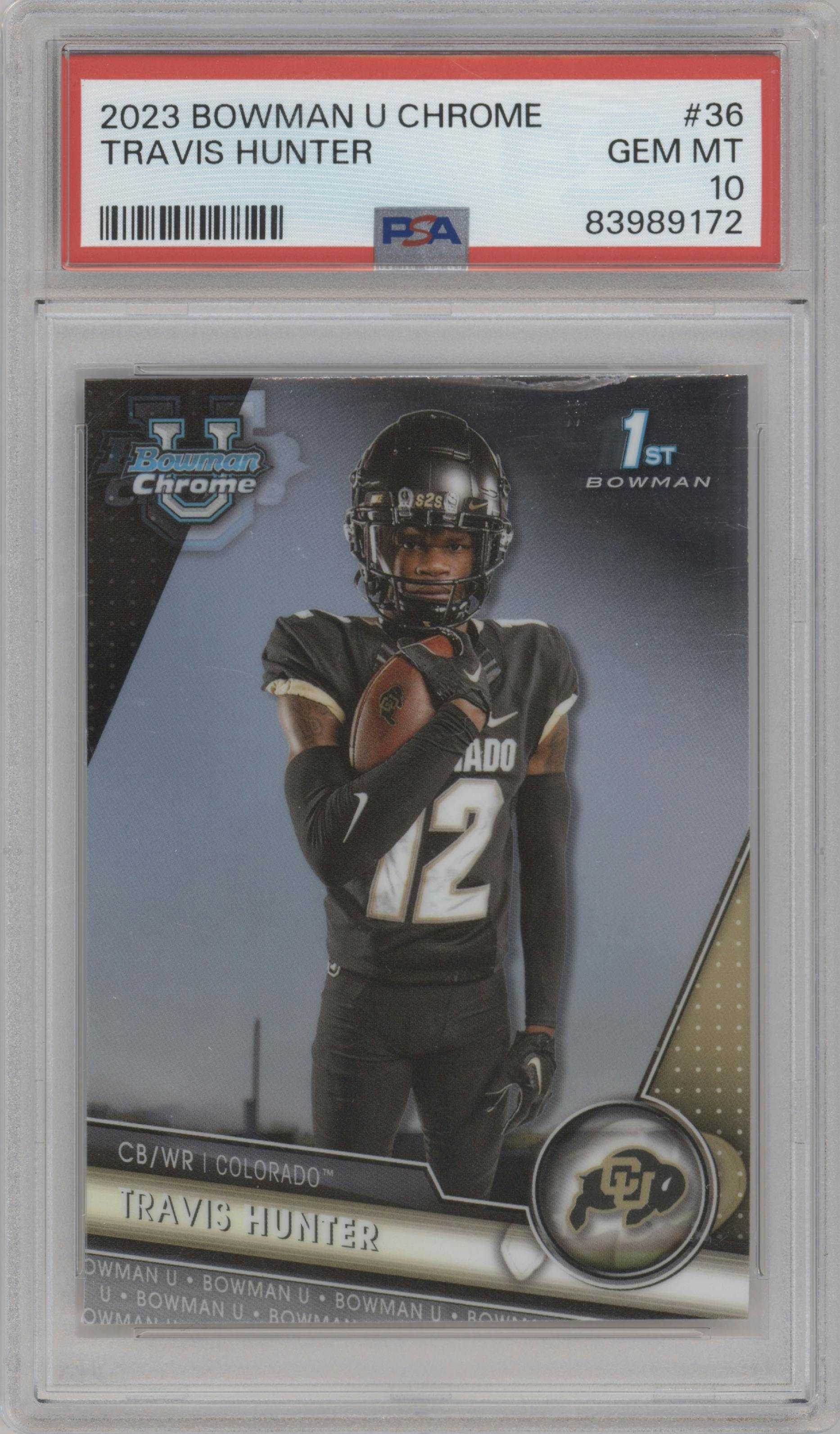 Travis Hunter  from the 2023 Bowman Chrome University set graded by PSA and given an overall grade of 10.