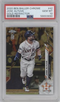 Jose Altuve from the 2020 Topps Chrome Ben Baller Edition set featuring a Gold Refractor  parallel graded by PSA and given an overall grade of 10.