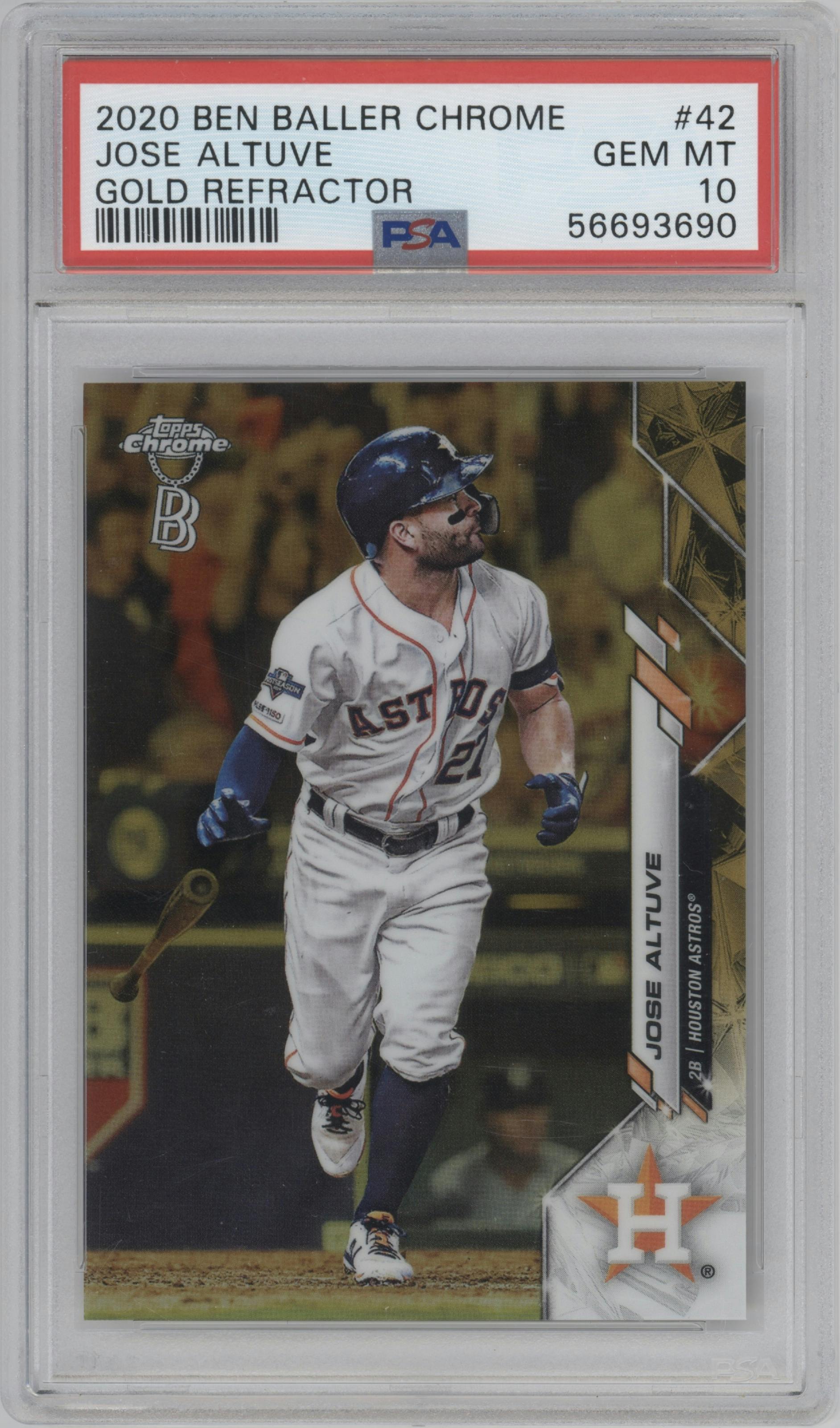 Jose Altuve from the 2020 Topps Chrome Ben Baller Edition set featuring a Gold Refractor  parallel graded by PSA and given an overall grade of 10.
