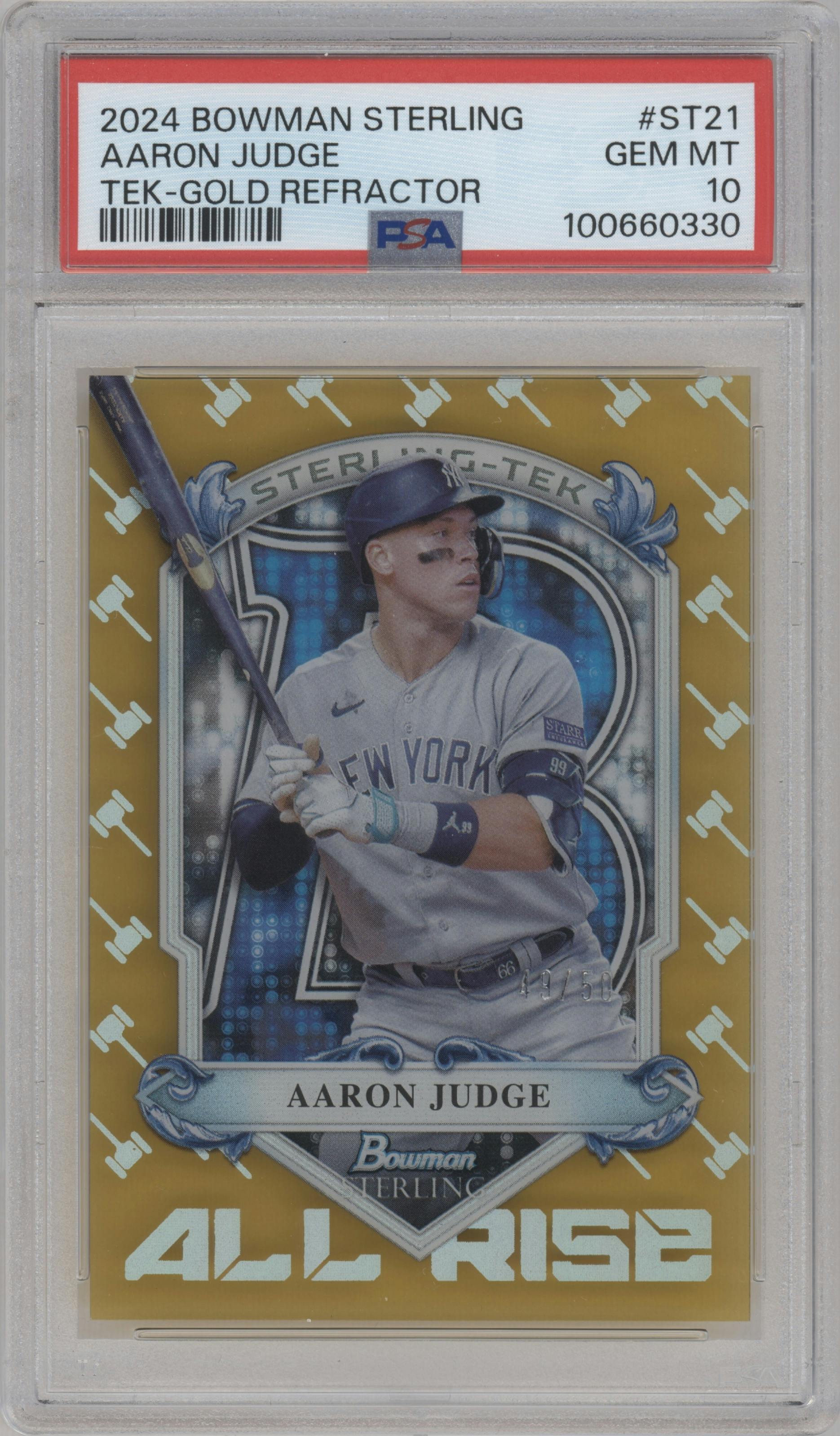Aaron Judge from the 2024 Bowman Sterling set featuring a Gold Refractor parallel graded by PSA and given an overall grade of 10.