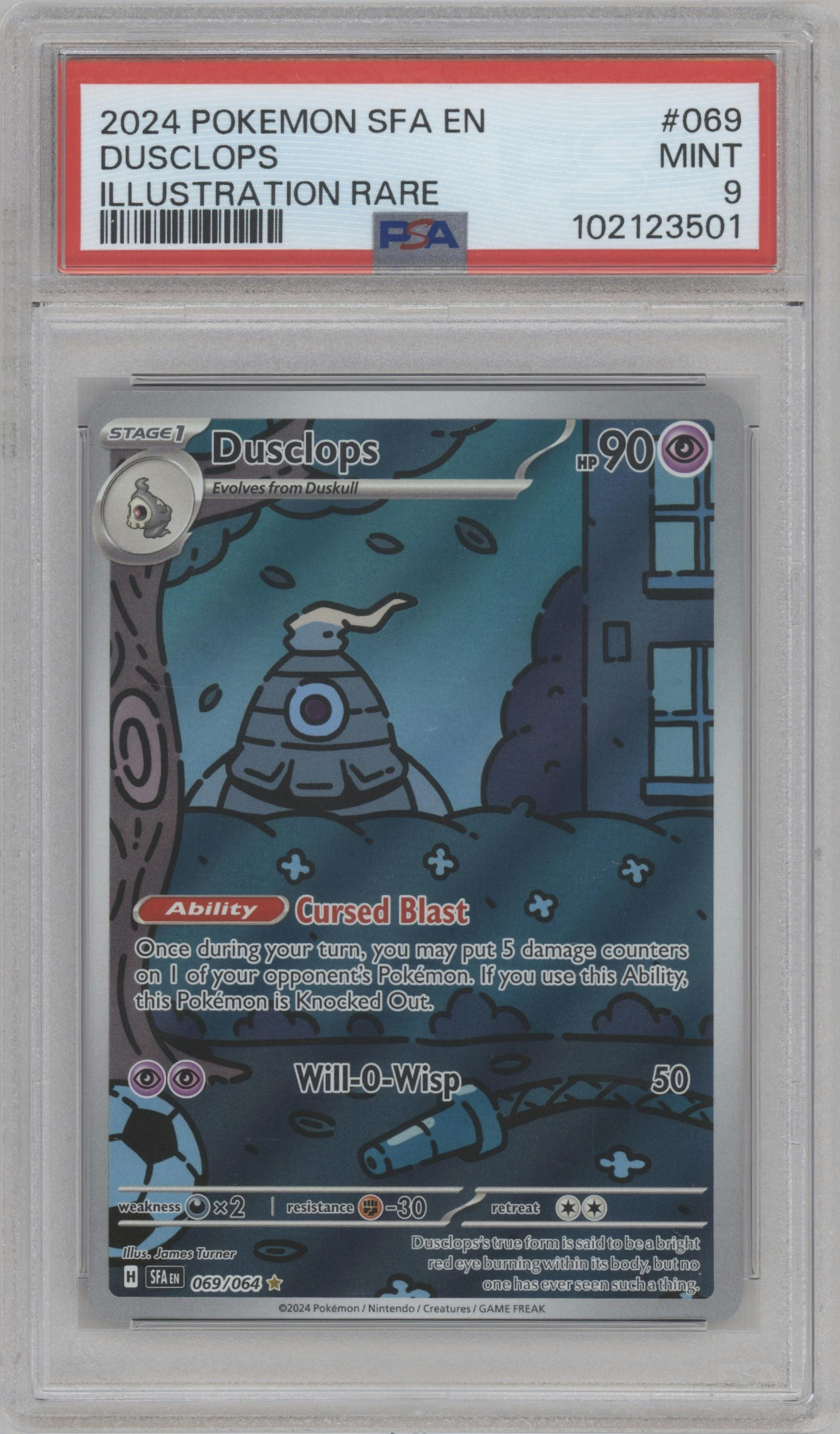 Dusclops from the 2024 Pokemon SV set graded by PSA and given an overall grade of 9.