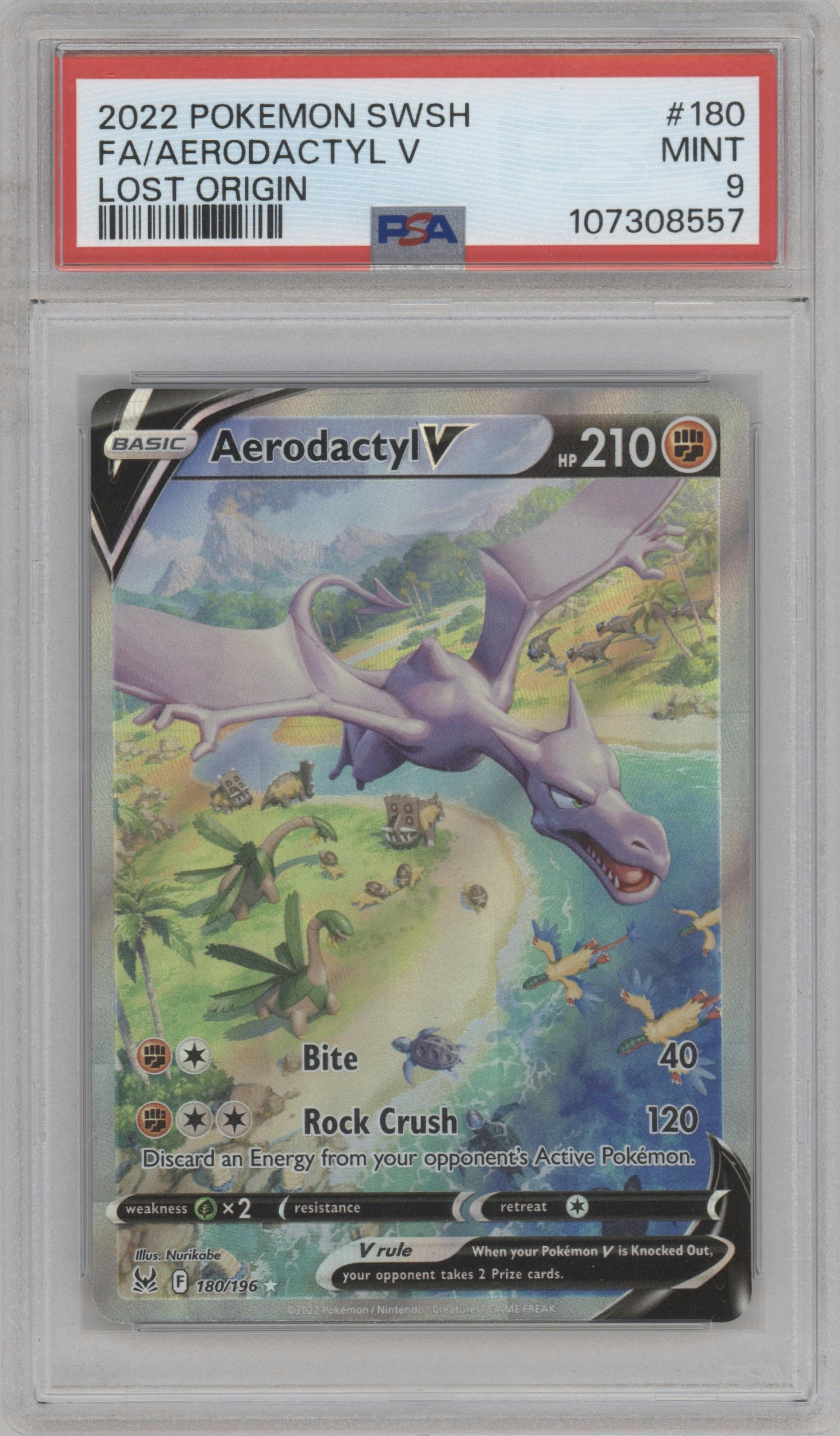 Aerodactyl V from the 2022 Pokemon SWSH set graded by PSA and given an overall grade of 9.