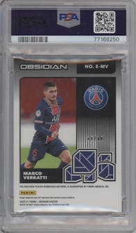 Marco Verratti from the 2020-21 Panini Obsidian set featuring a Electric Etch Yellow parallel graded by PSA and given an overall grade of 7.
