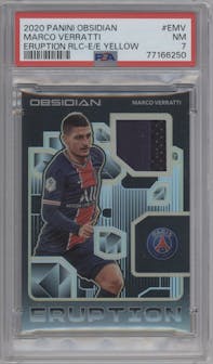 Marco Verratti from the 2020-21 Panini Obsidian set featuring a Electric Etch Yellow parallel graded by PSA and given an overall grade of 7.