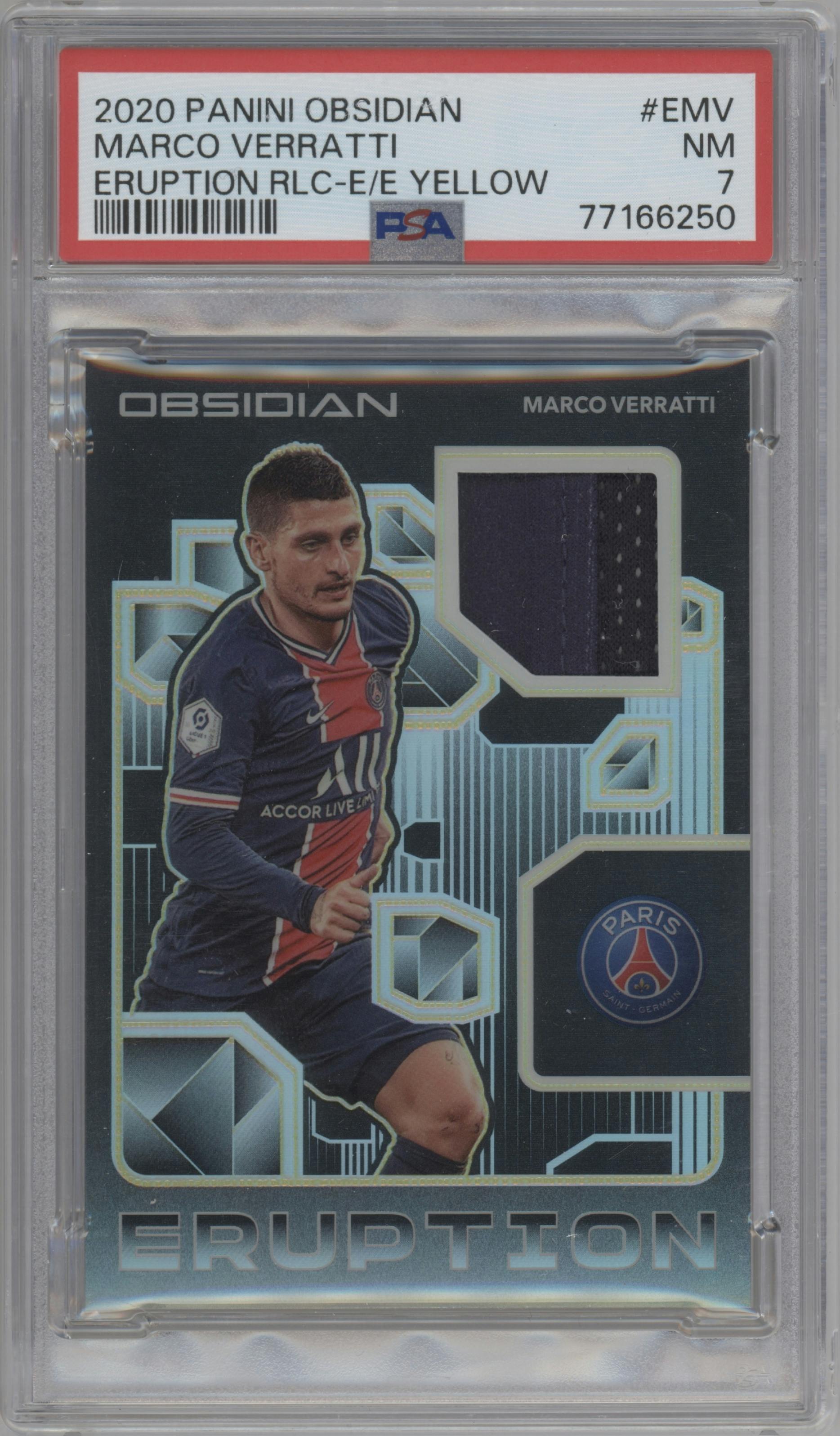 Marco Verratti from the 2020-21 Panini Obsidian set featuring a Electric Etch Yellow parallel graded by PSA and given an overall grade of 7.