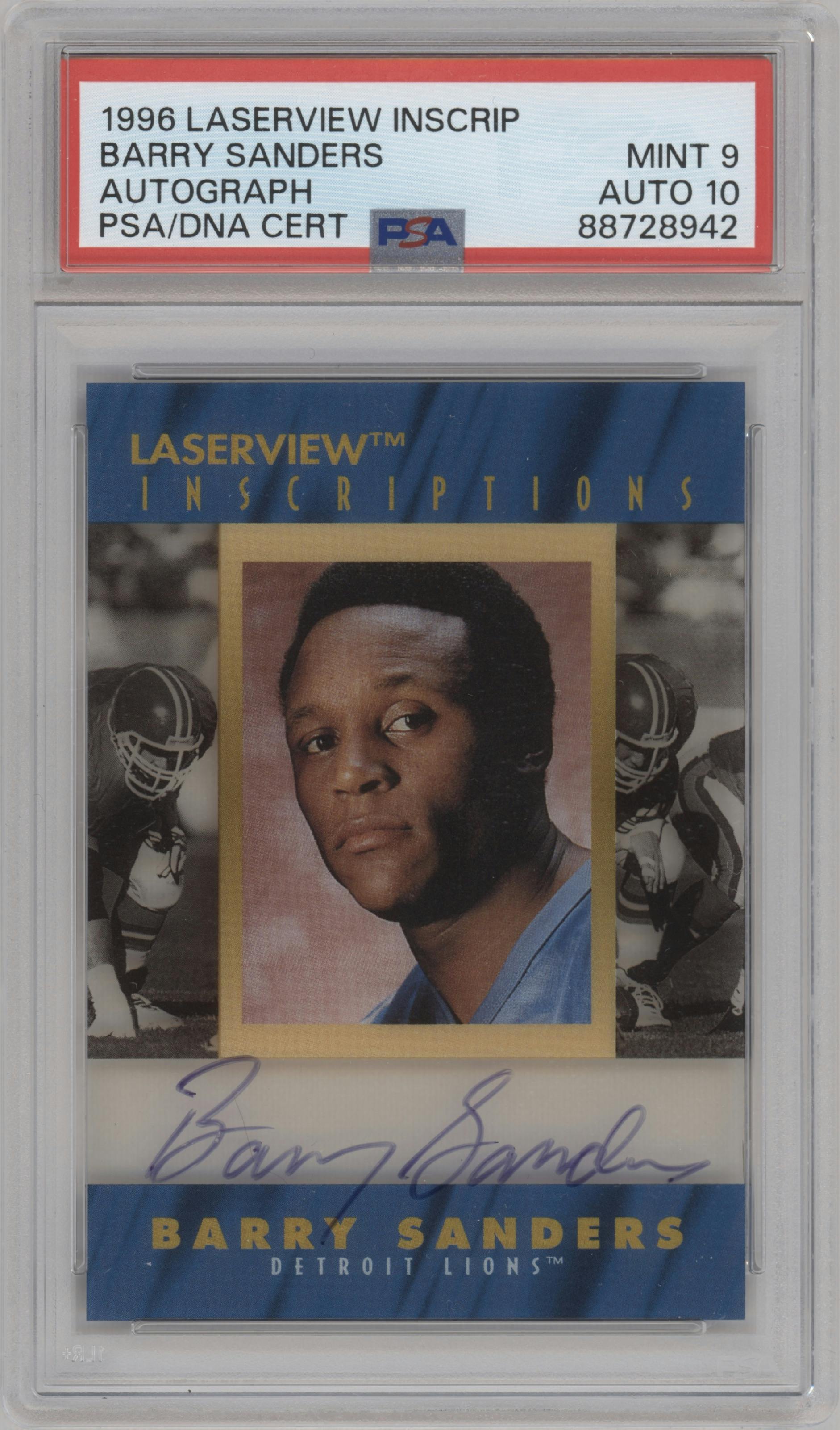 Barry Sanders from the 1996 Pinnacle Laser View set graded by PSA and given an overall grade of 9.