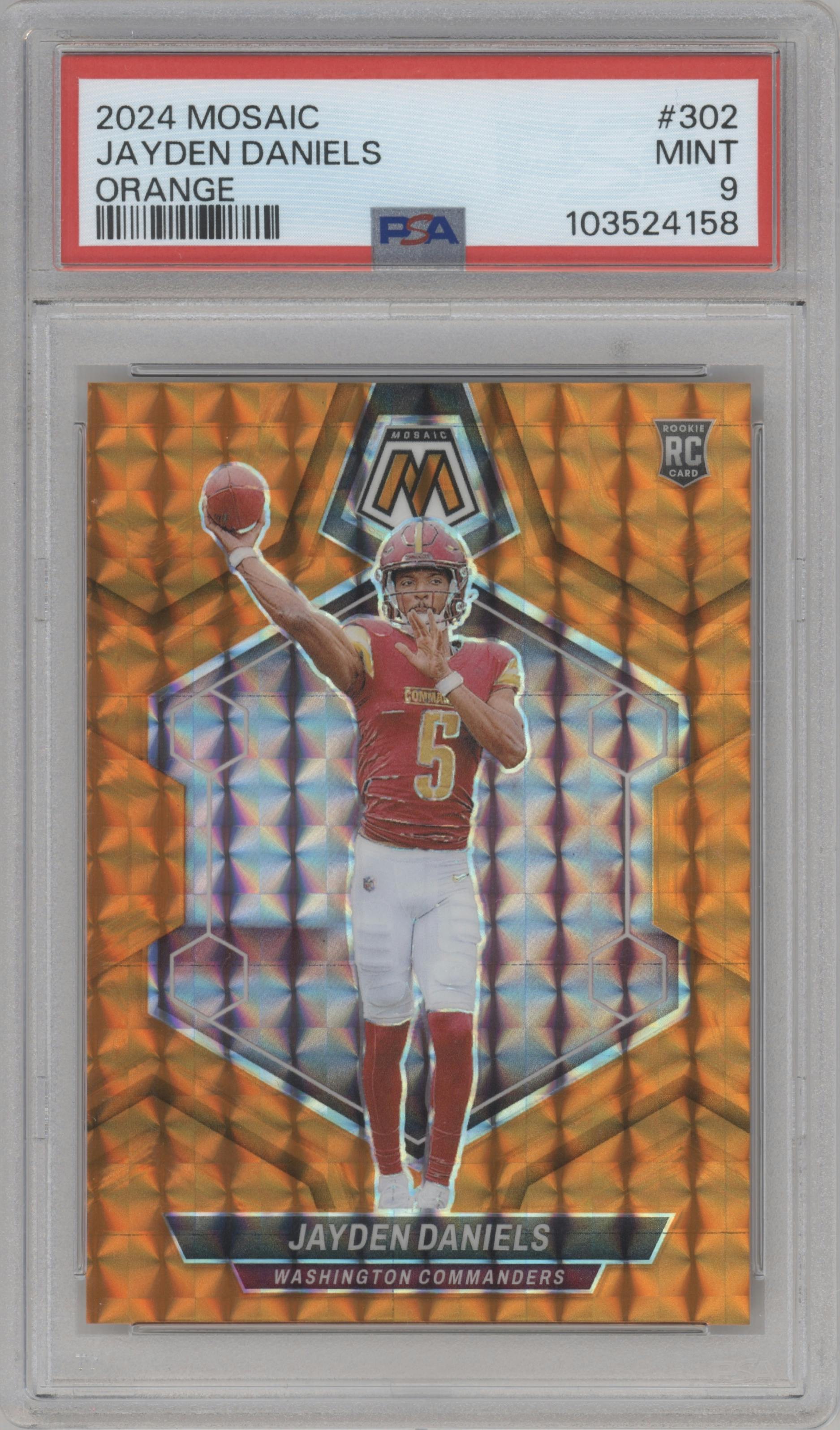 Jayden Daniels from the 2024 Panini Mosaic set featuring a Orange parallel graded by PSA and given an overall grade of 9.
