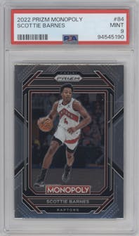 Scottie Barnes from the 2022-23 Panini Prizm Monopoly set graded by PSA and given an overall grade of 9.