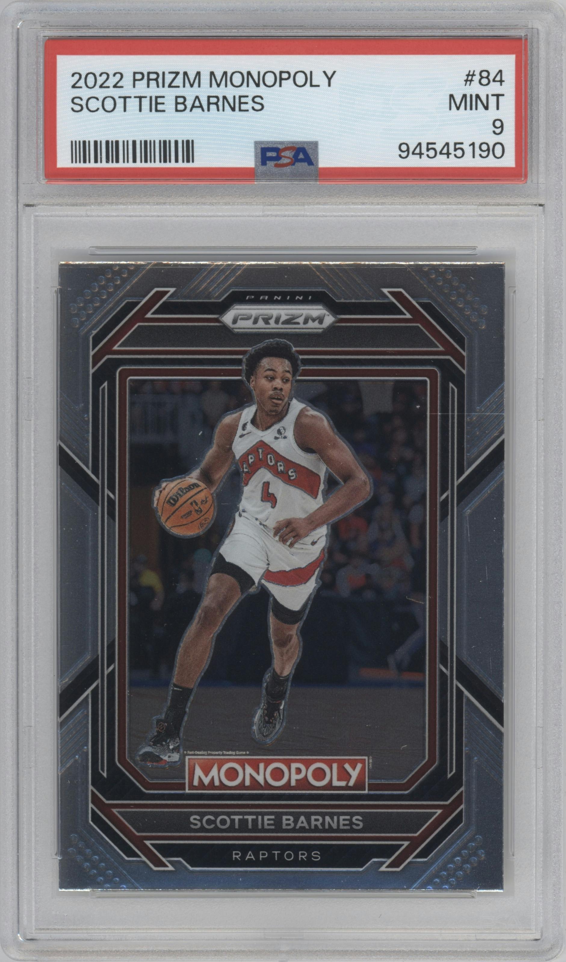 Scottie Barnes from the 2022-23 Panini Prizm Monopoly set graded by PSA and given an overall grade of 9.