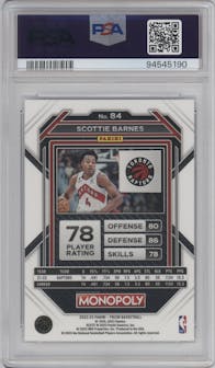 Scottie Barnes from the 2022-23 Panini Prizm Monopoly set graded by PSA and given an overall grade of 9.
