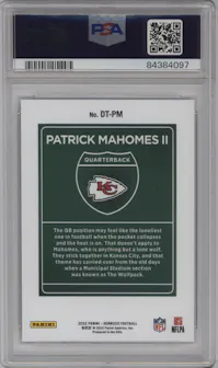 Patrick Mahomes II from the 2022 Panini Donruss set graded by PSA and given an overall grade of 10.