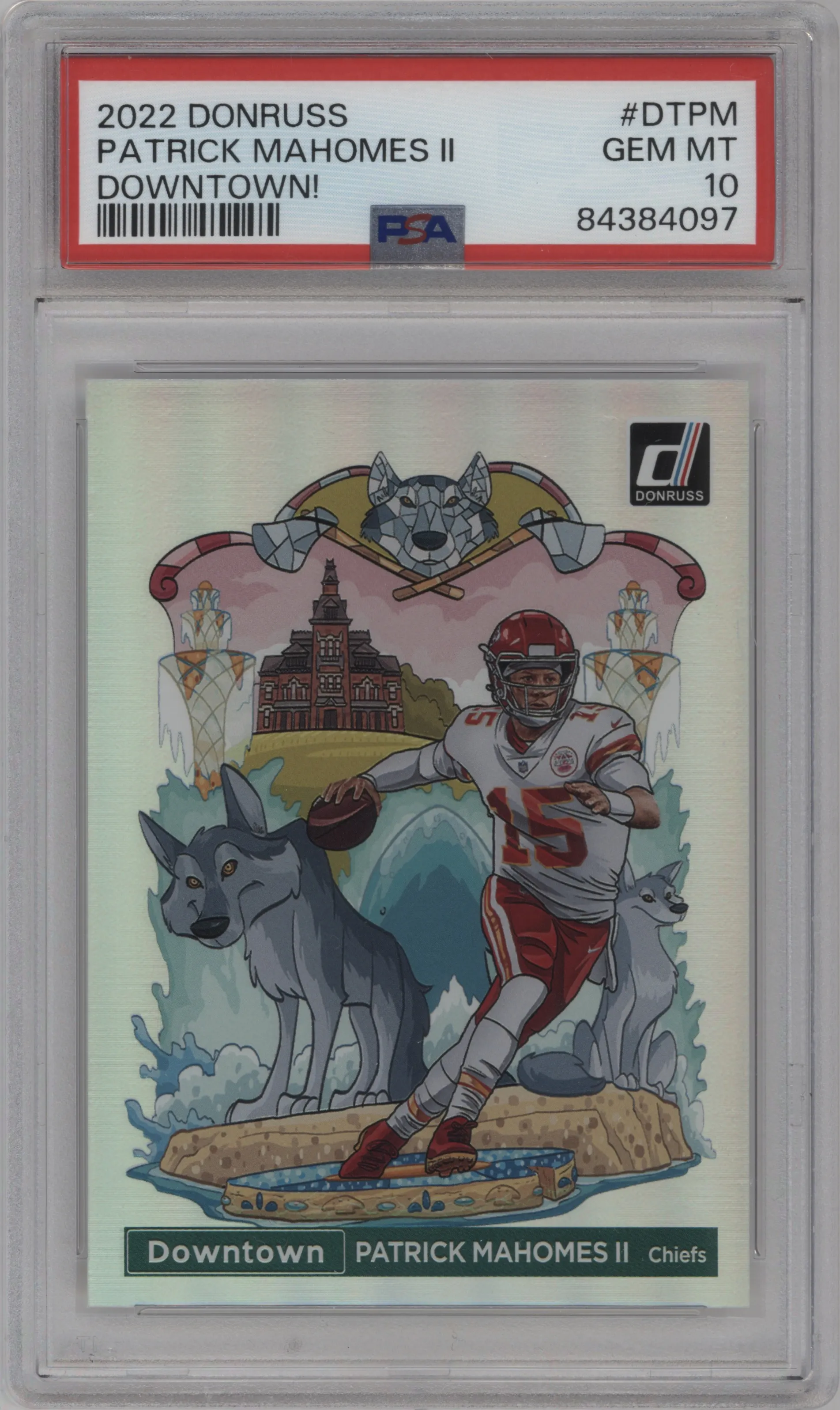 Patrick Mahomes II from the 2022 Panini Donruss set graded by PSA and given an overall grade of 10.