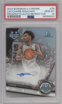 Zaccharie Risacher from the 2023-24 Bowman U Chrome set featuring a Refractor parallel graded by PSA and given an overall grade of 10.