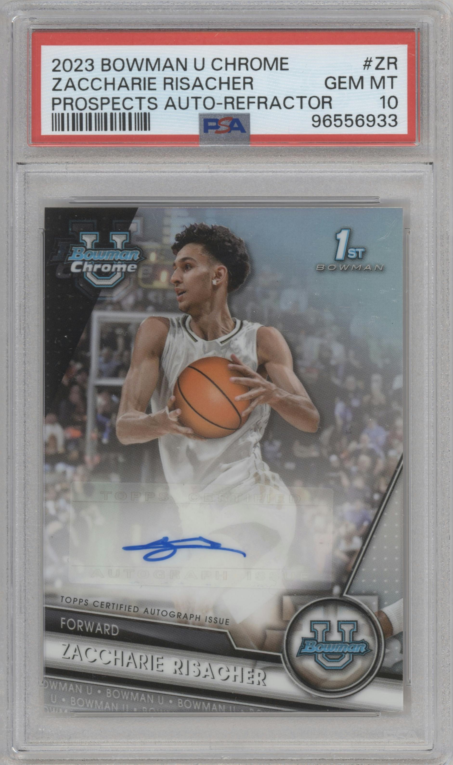 Zaccharie Risacher from the 2023-24 Bowman U Chrome set featuring a Refractor parallel graded by PSA and given an overall grade of 10.