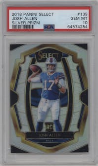 Josh Allen from the 2018 Panini Select set featuring a Silver Prizm parallel graded by PSA and given an overall grade of 10.
