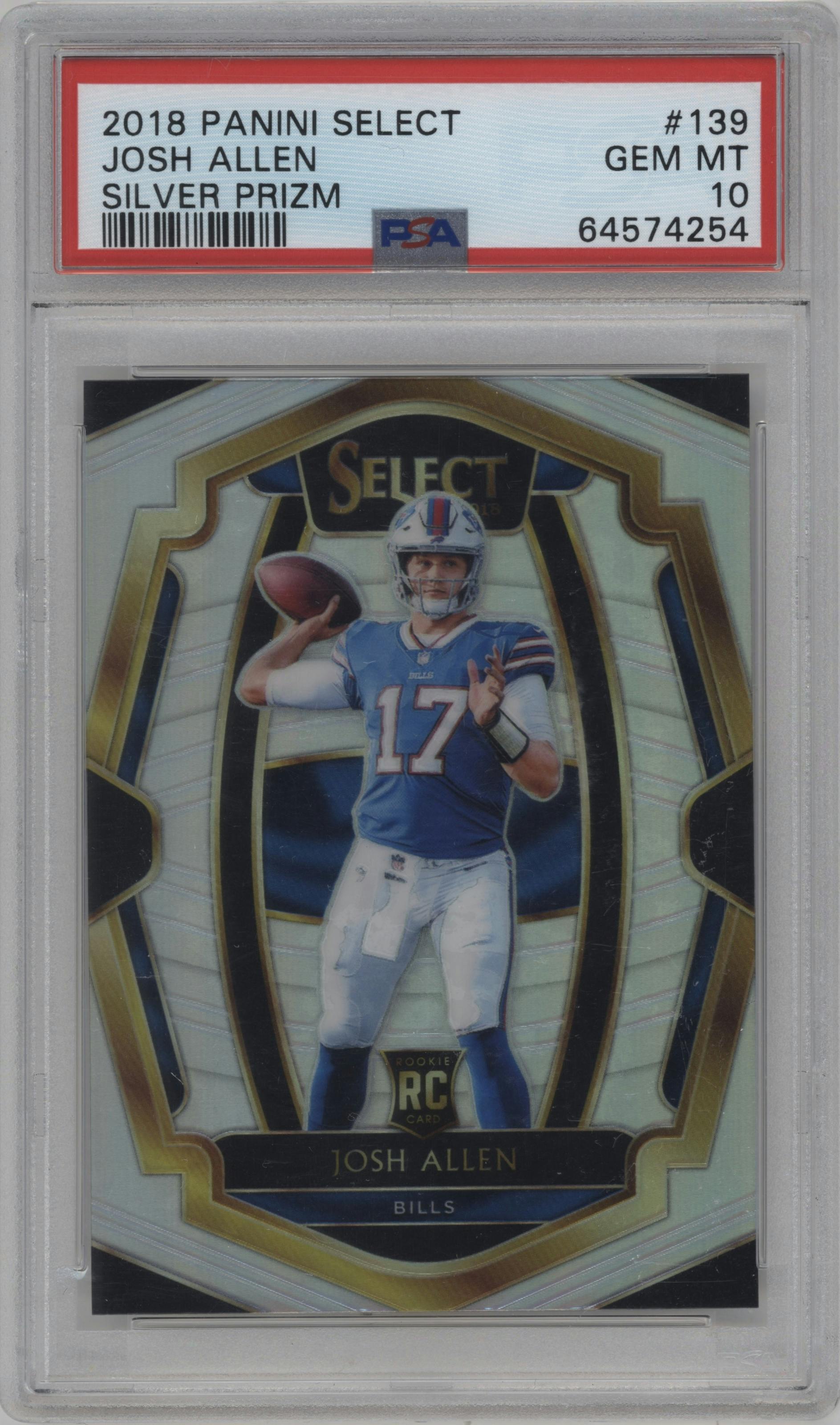 Josh Allen from the 2018 Panini Select set featuring a Silver Prizm parallel graded by PSA and given an overall grade of 10.