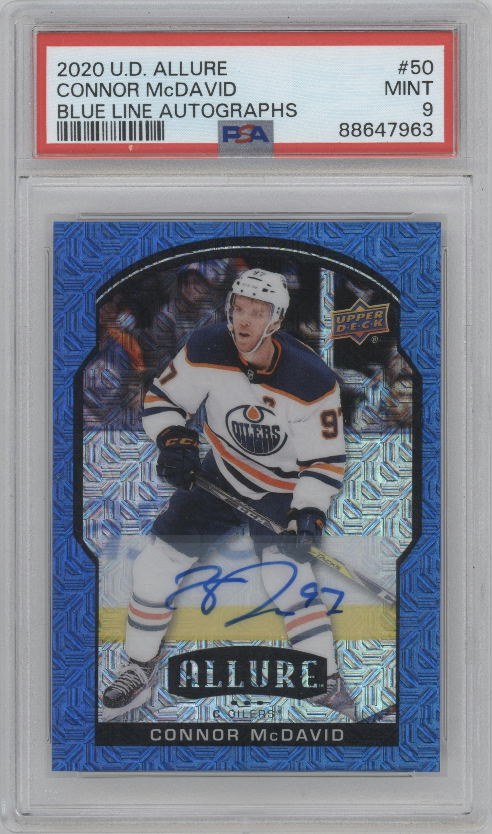 Connor McDavid from the 2020-21 Upper Deck Allure set featuring a Blue Line parallel graded by PSA and given an overall grade of 9.