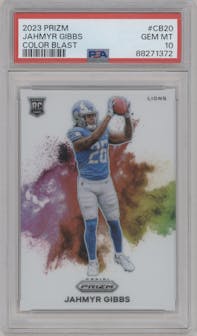 Jahmyr Gibbs from the 2023 Panini Prizm set graded by PSA and given an overall grade of 10.