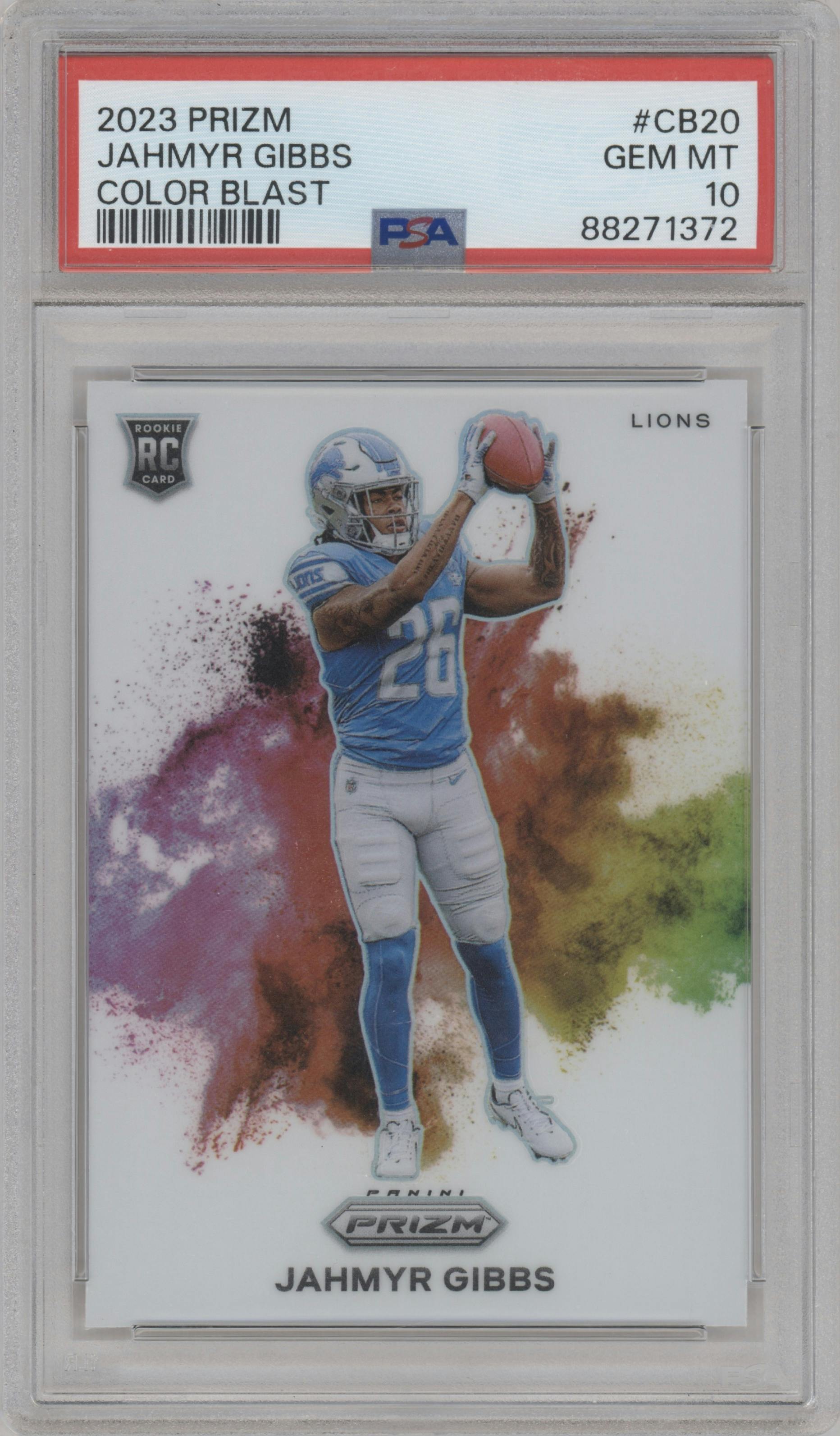 Jahmyr Gibbs from the 2023 Panini Prizm set graded by PSA and given an overall grade of 10.