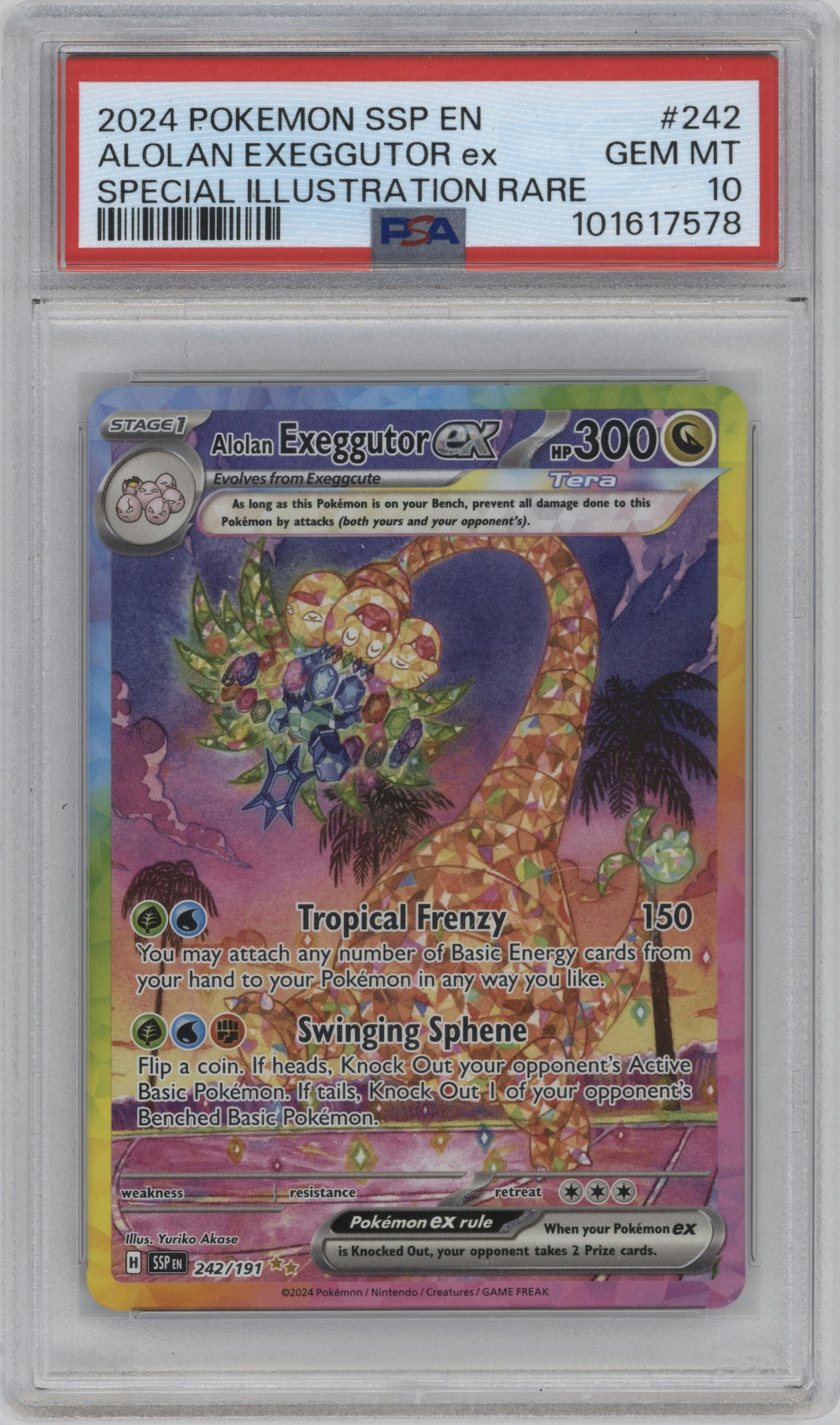 Alolan Exeggutor ex from the 2024 Pokemon SV set graded by PSA and given an overall grade of 10.