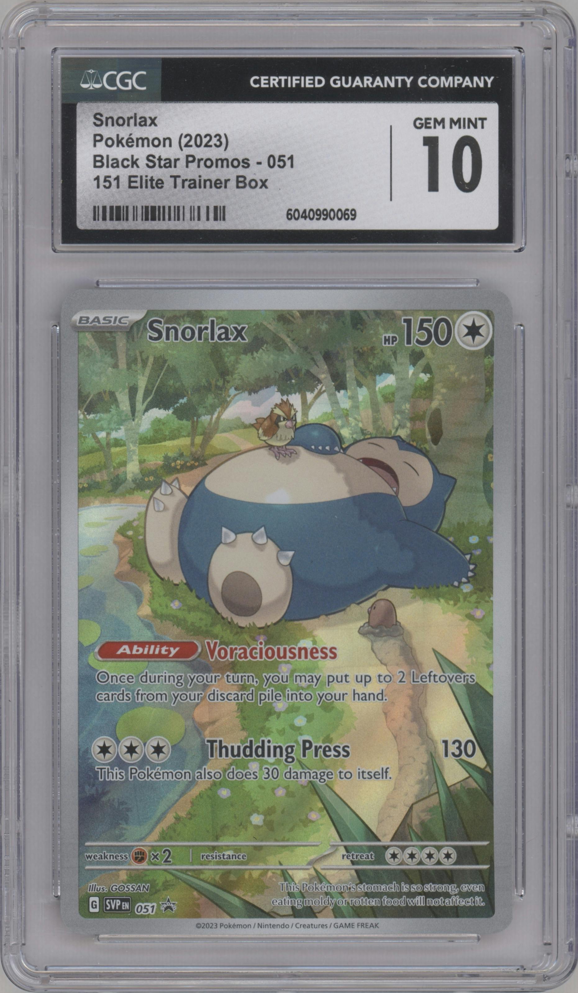 Snorlax from the 2023 Pokemon SV set featuring a Scarlet & Violet 151 Elite Trainer Box parallel graded by CSG and given an overall grade of 10.