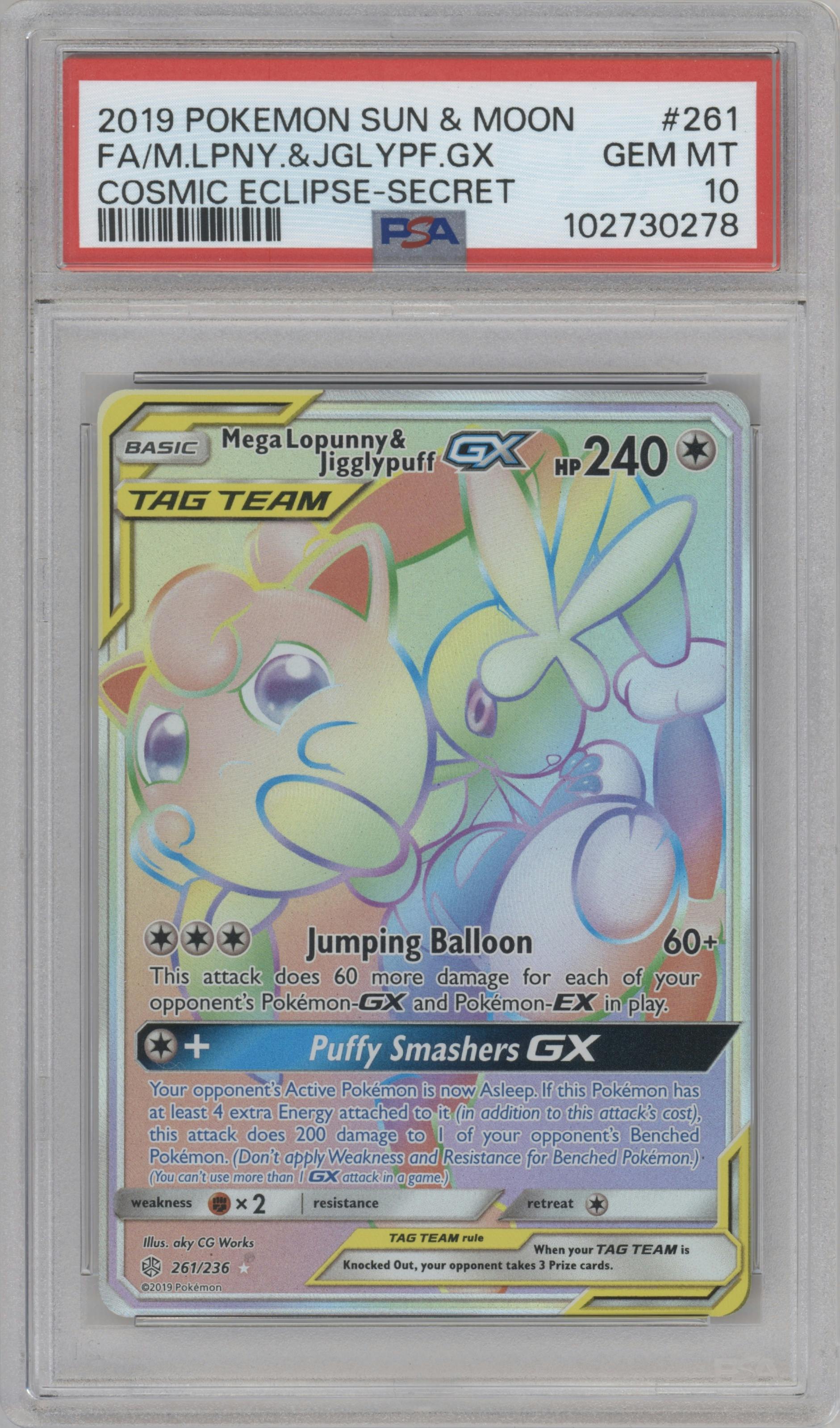 Mega Lopunny & Jigglypuff GX from the 2019 Pokemon S&M  set graded by PSA and given an overall grade of 10.