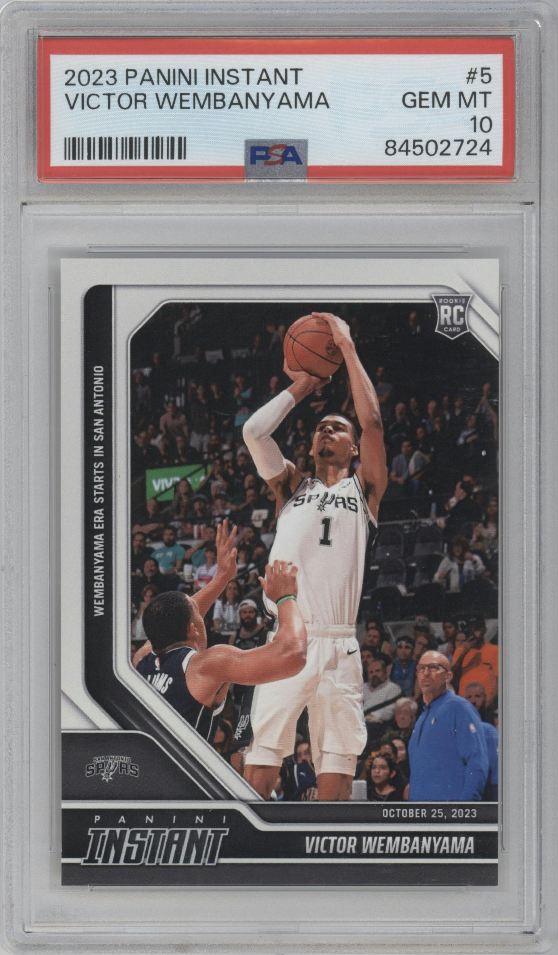 Victor Wembanyama from the 2023-24 Panini Instant NBA set graded by PSA and given an overall grade of 10.