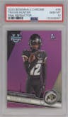Travis Hunter  from the 2023 Bowman Chrome University set featuring a Pink Refractor parallel graded by PSA and given an overall grade of 10.