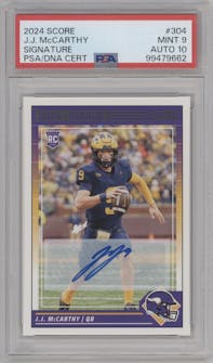 J.J. McCarthy from the 2024 Panini Score set graded by PSA and given an overall grade of 9.
