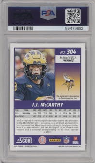 J.J. McCarthy from the 2024 Panini Score set graded by PSA and given an overall grade of 9.